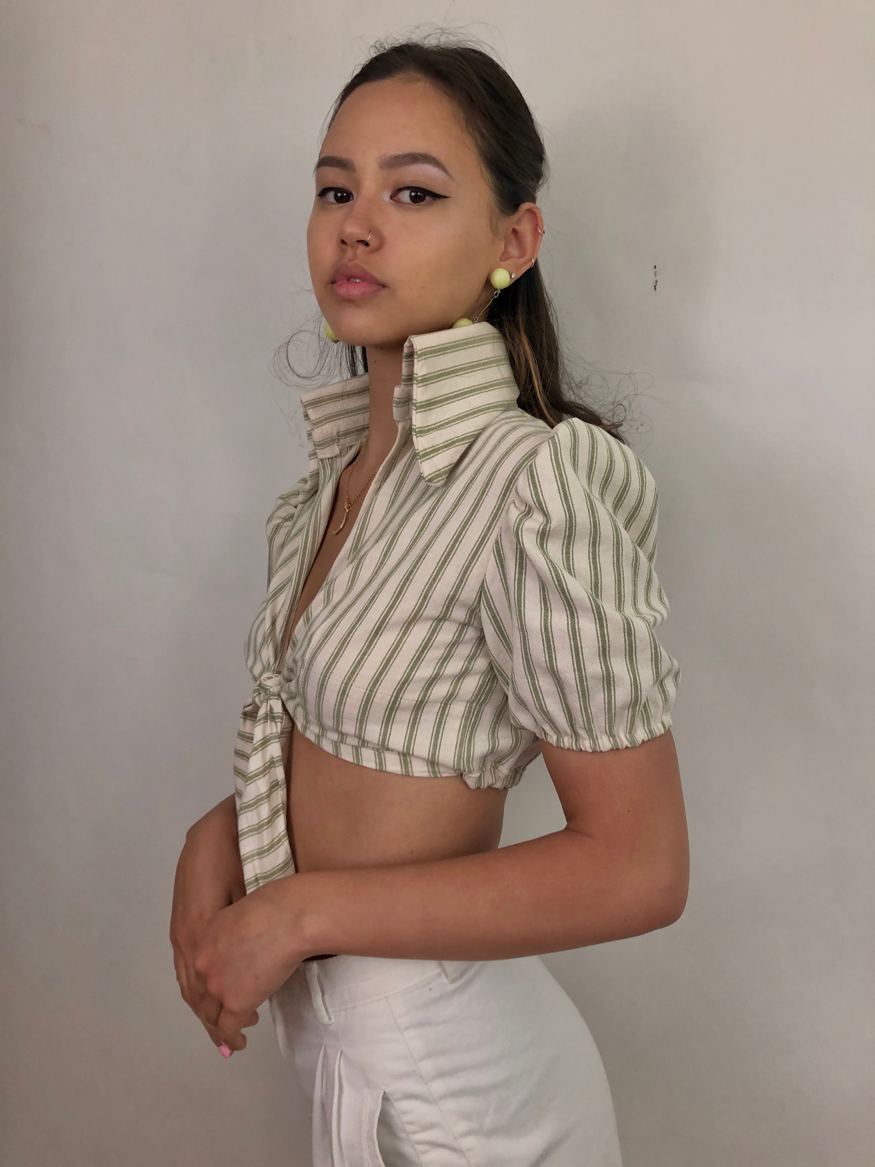 The 60s Spy Top- Leafy Stripe Print