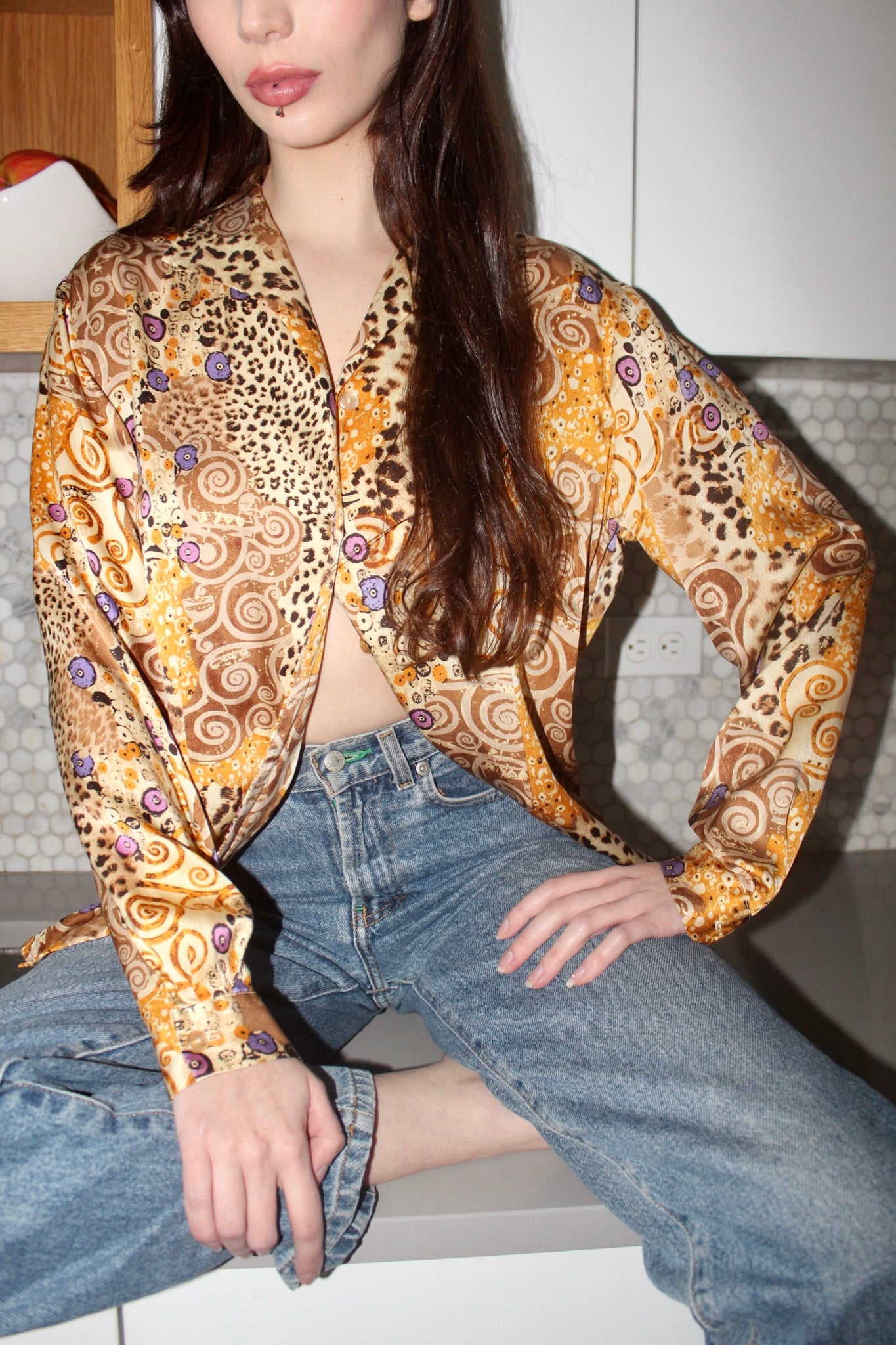 Vintage 90s Groovy Abstract Silk Button Up (M)