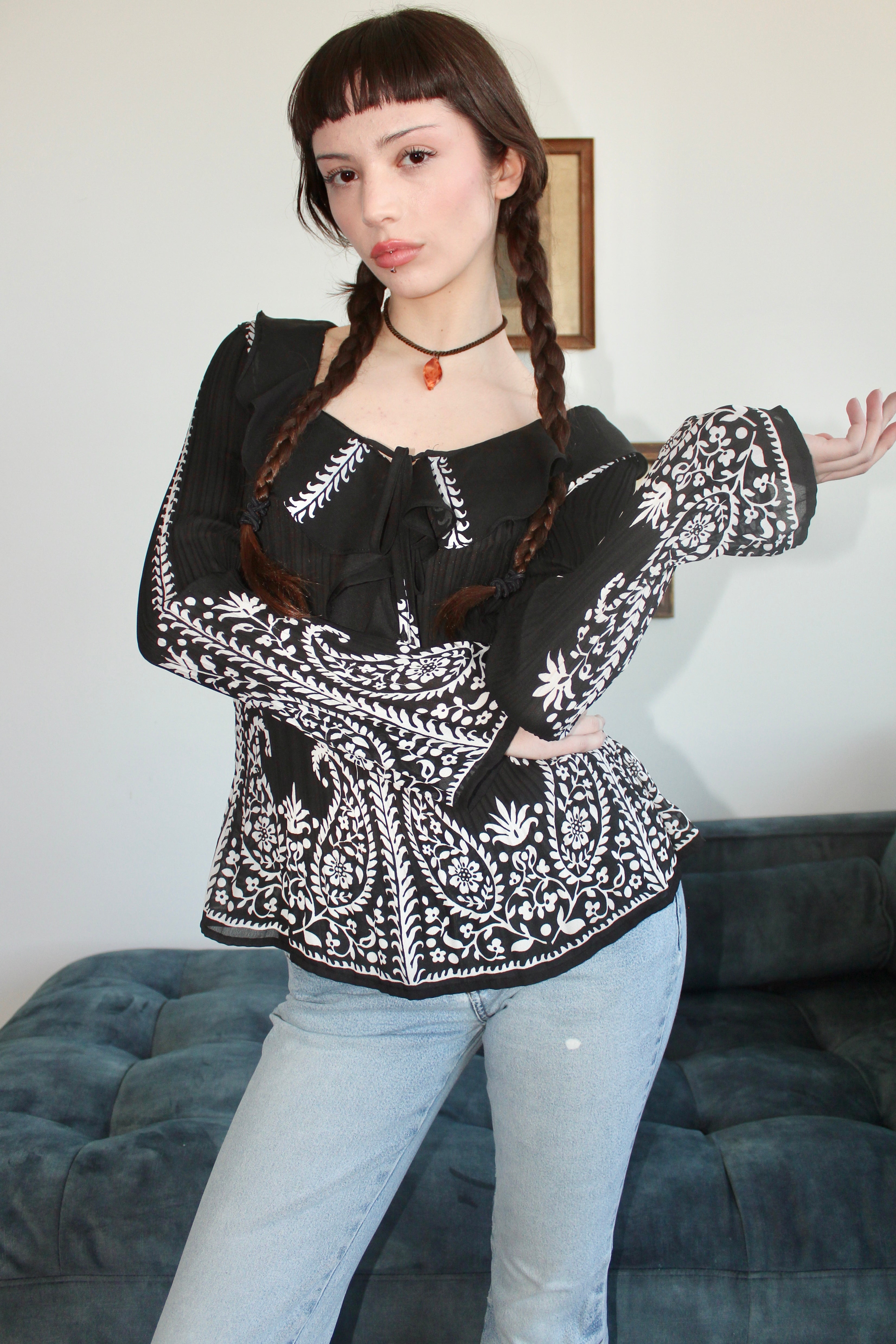Vintage Ruffled Pleated Paisley Blouse (S-M)