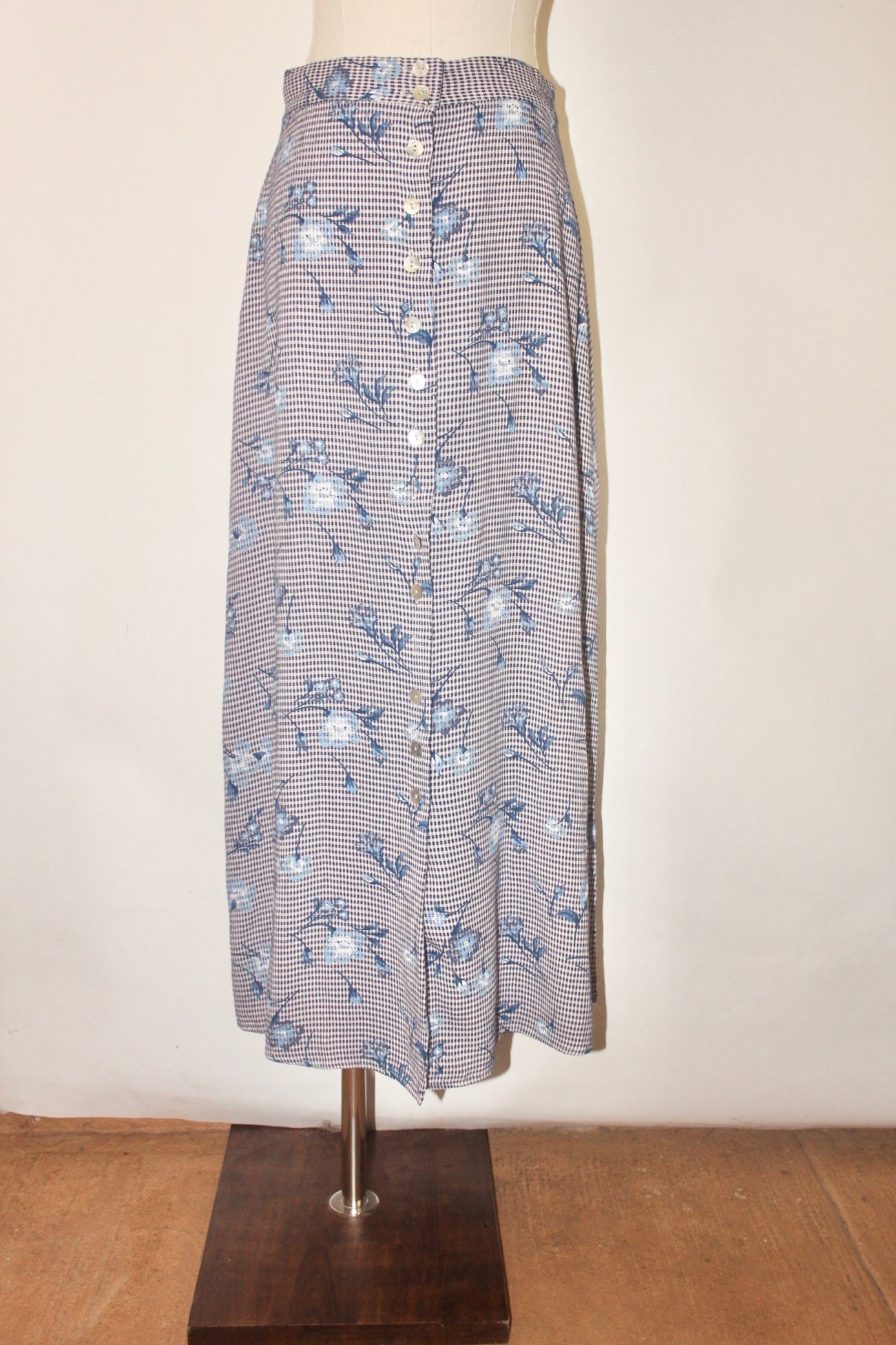 Vintage 90s Gingham Floral Button Up Skirt (25-26")