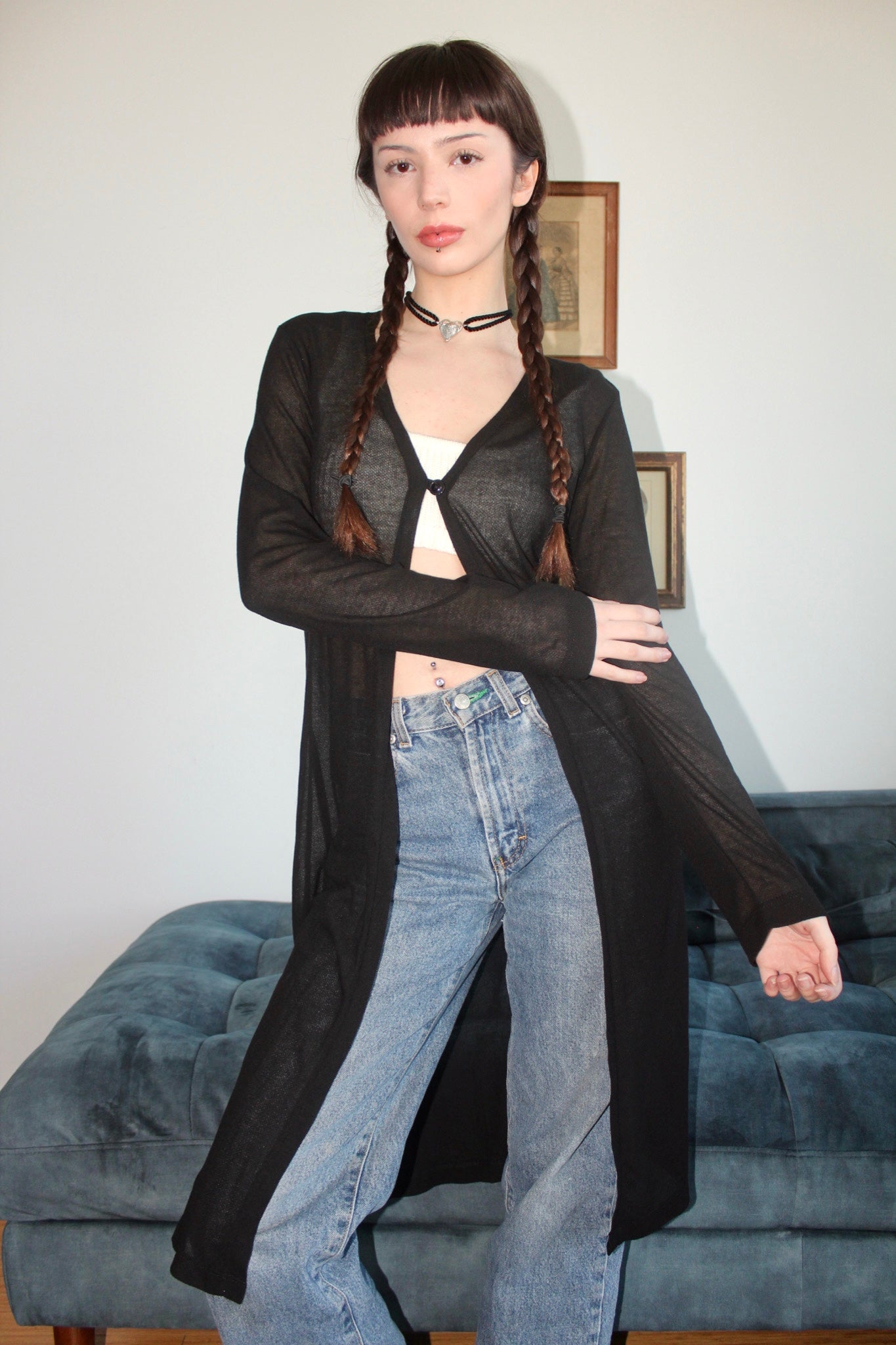 Vintage 90s Sheer Split Front Longline Knit (M)