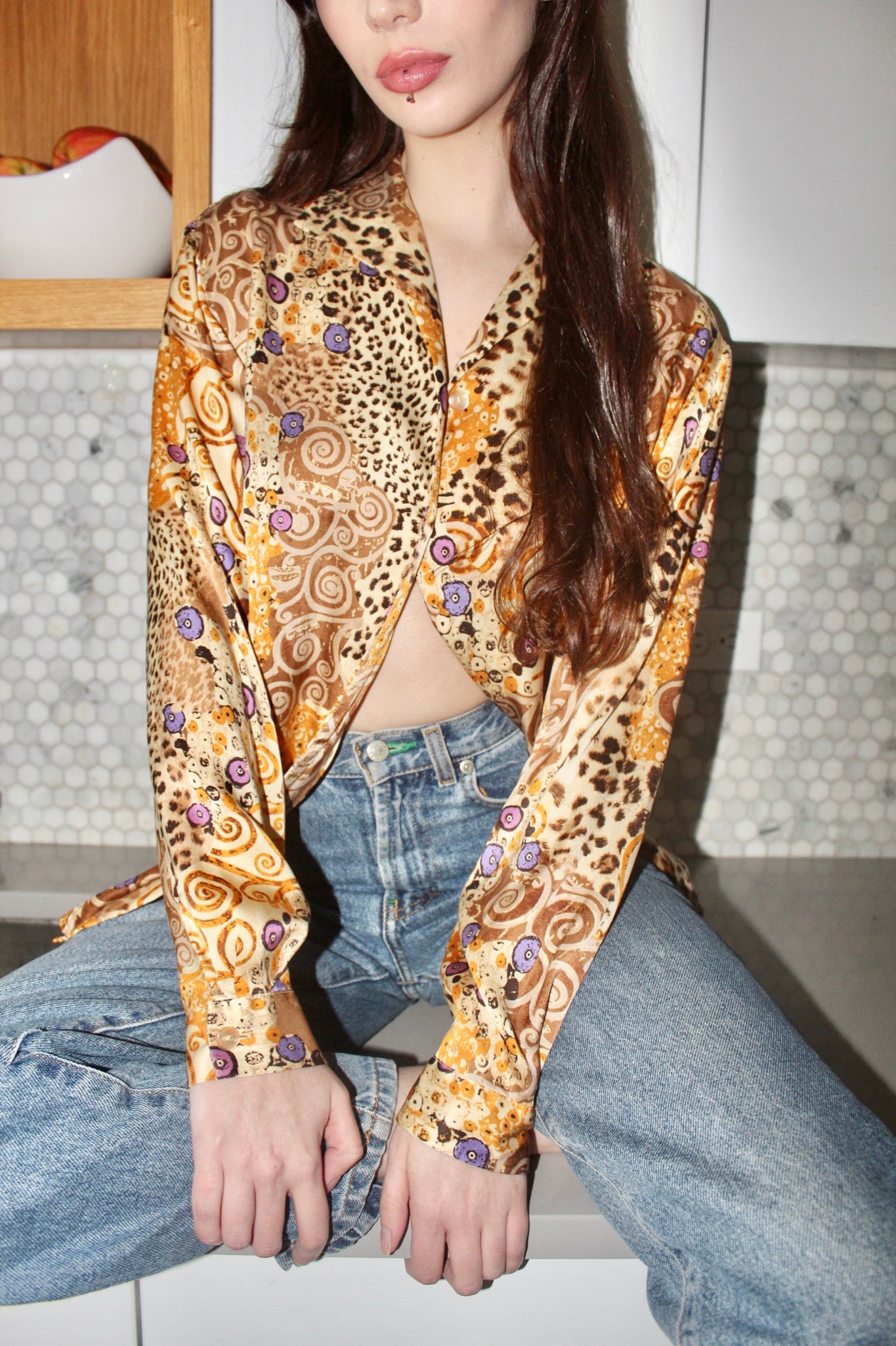 Vintage 90s Groovy Abstract Silk Button Up (M)