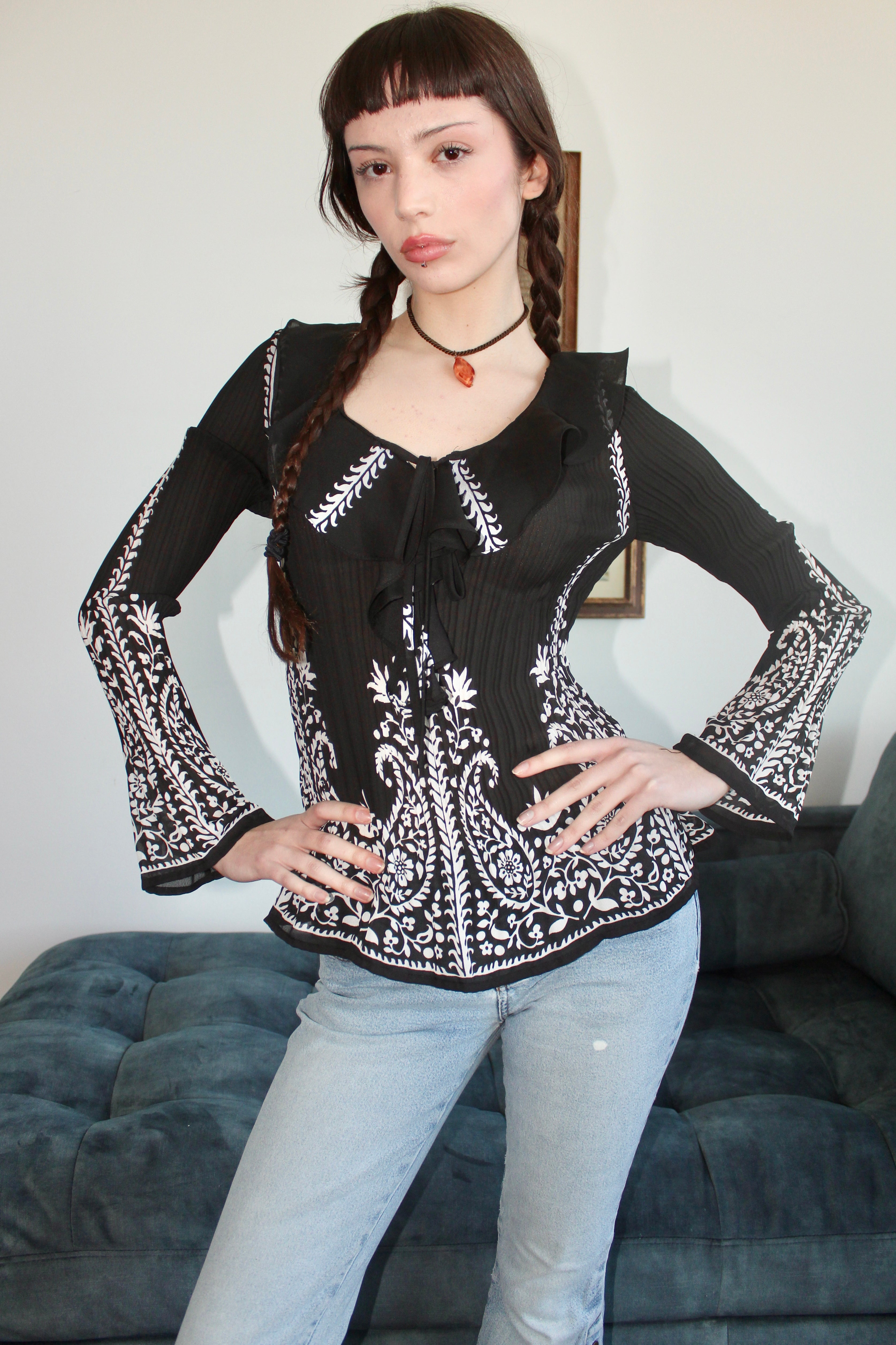 Vintage Ruffled Pleated Paisley Blouse (S-M)