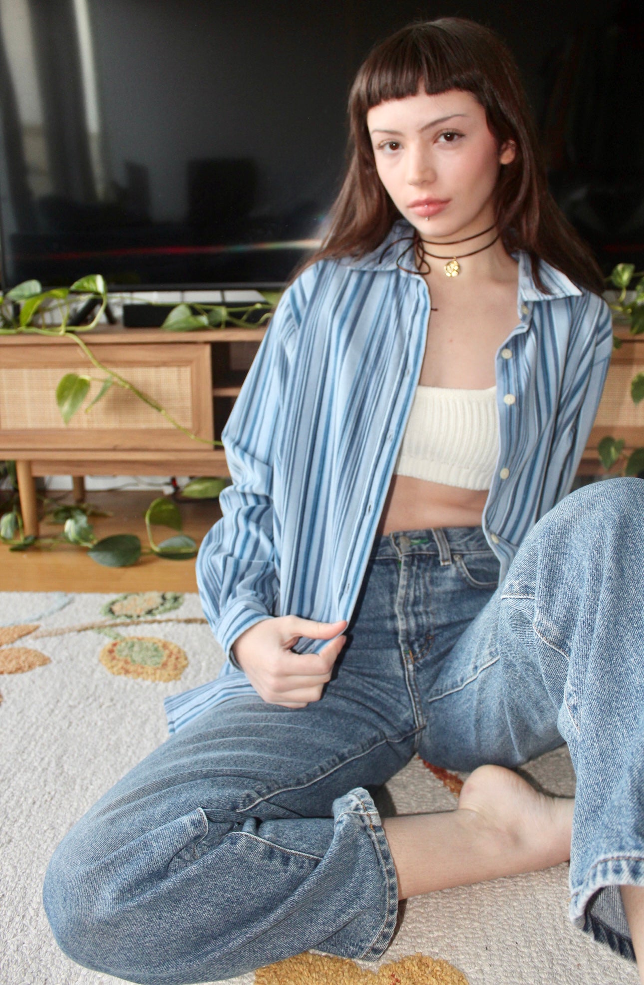 Vintage 90s Blue Striped Button Up Corduroy Textured Shirt (M)