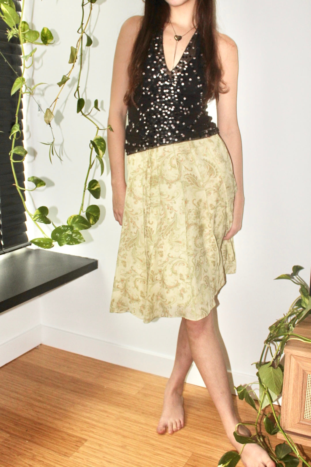 Vintage Paisley Pleated Silk Midi Skirt (26")