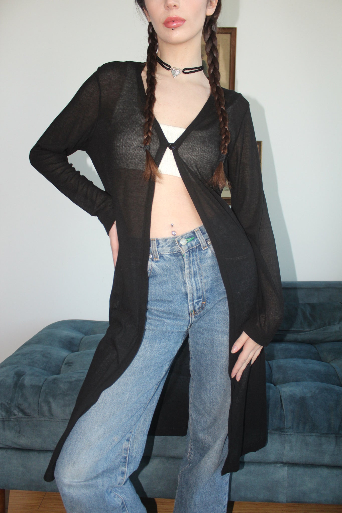 Vintage 90s Sheer Split Front Longline Knit (M)
