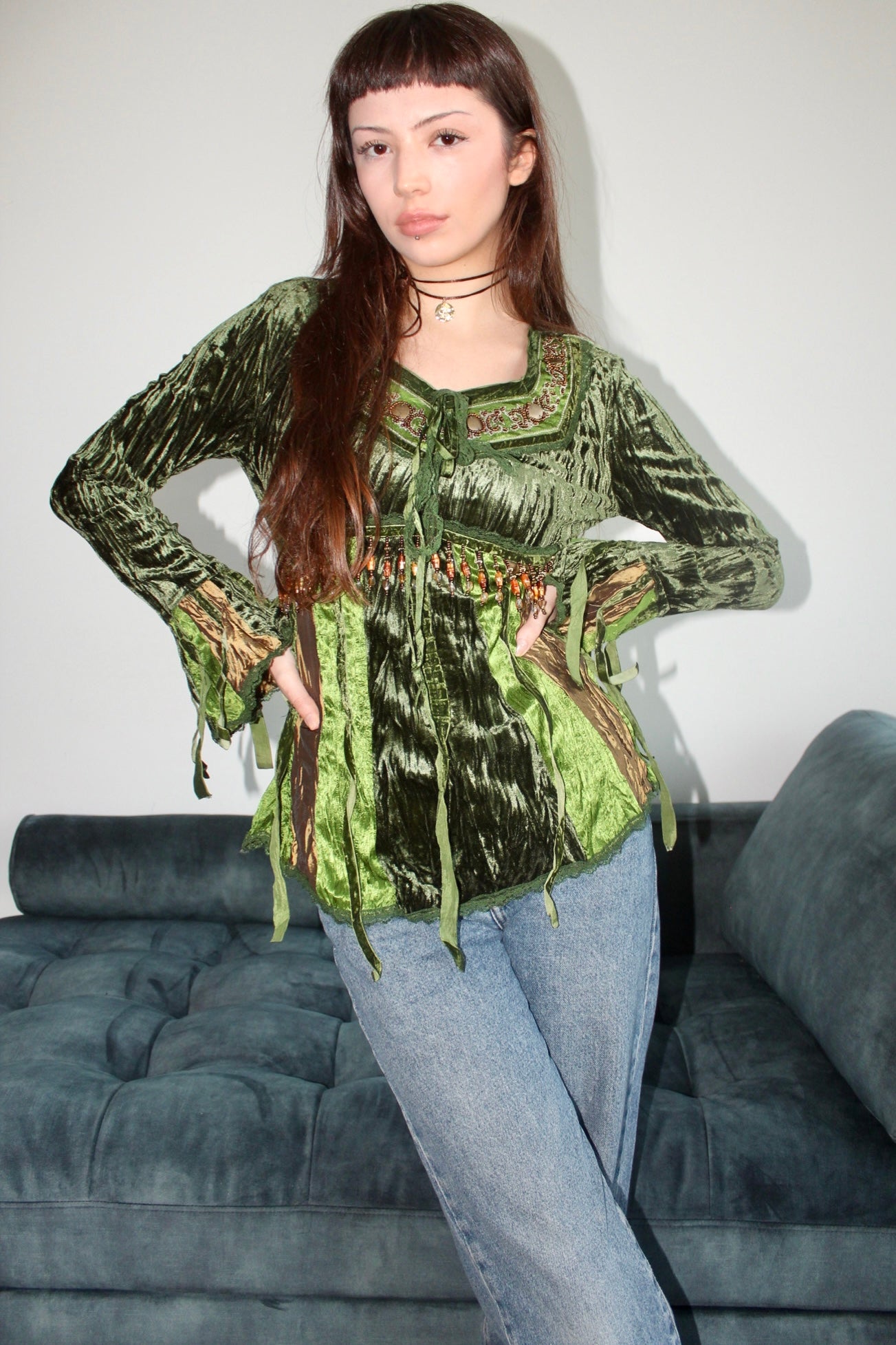 vintage blouse with intricate detail, rich velvety green mix with beaded chest, cinched bust and unique panelling