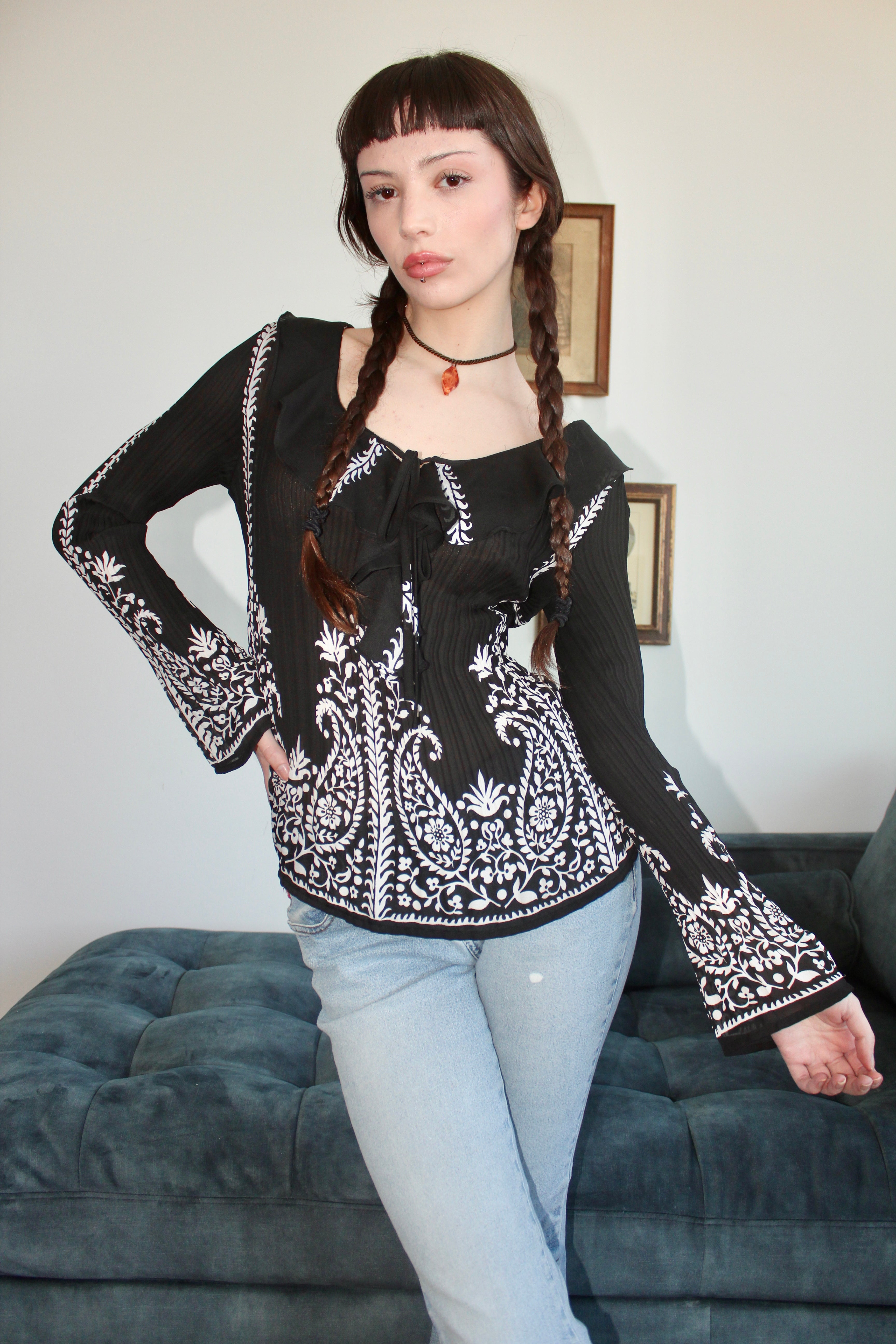 Vintage Ruffled Pleated Paisley Blouse (S-M)