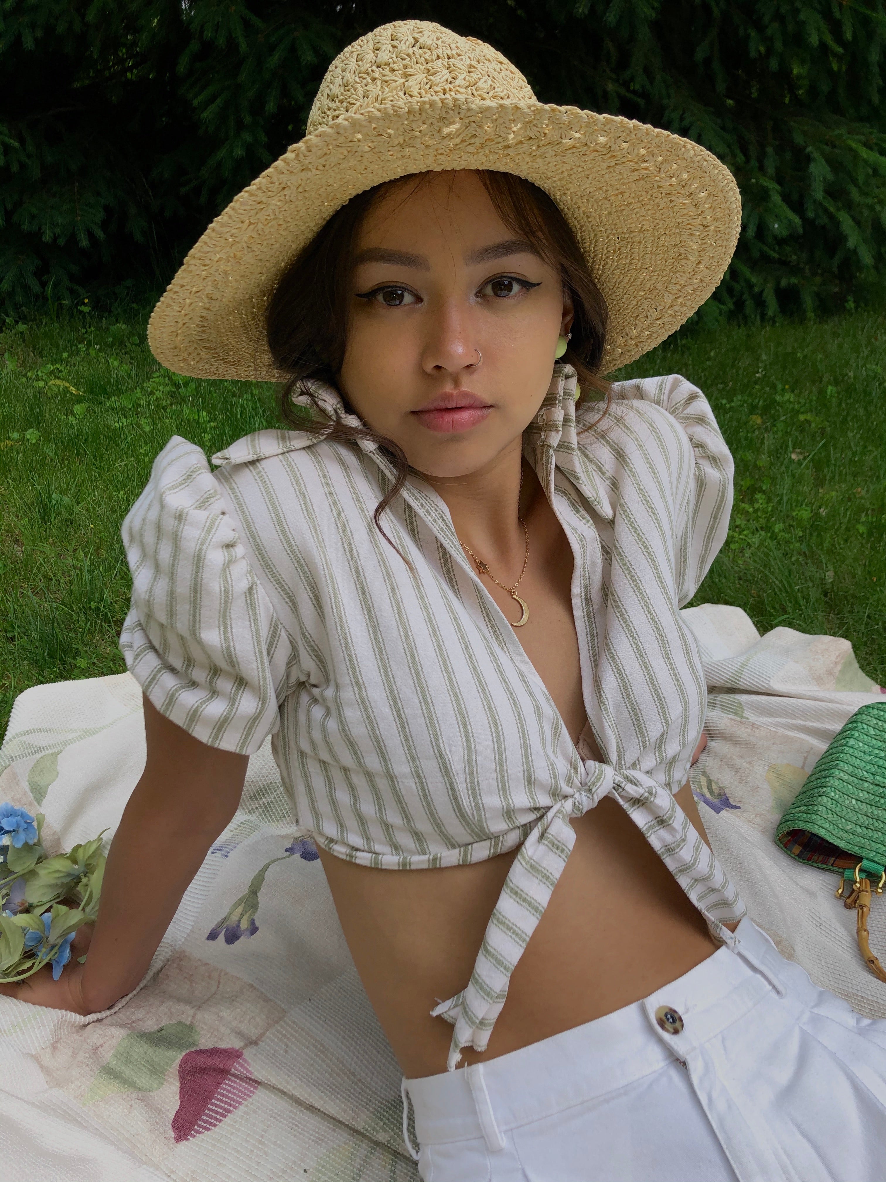 The 60s Spy Top- Leafy Stripe Print