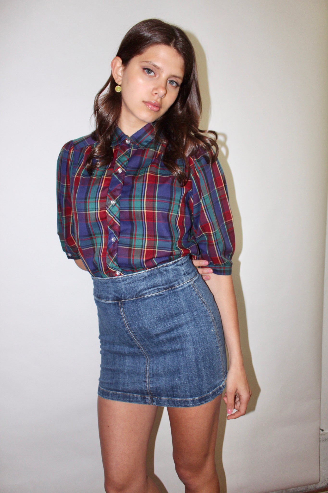 Vintage 90s Puff Plaid Top (S)