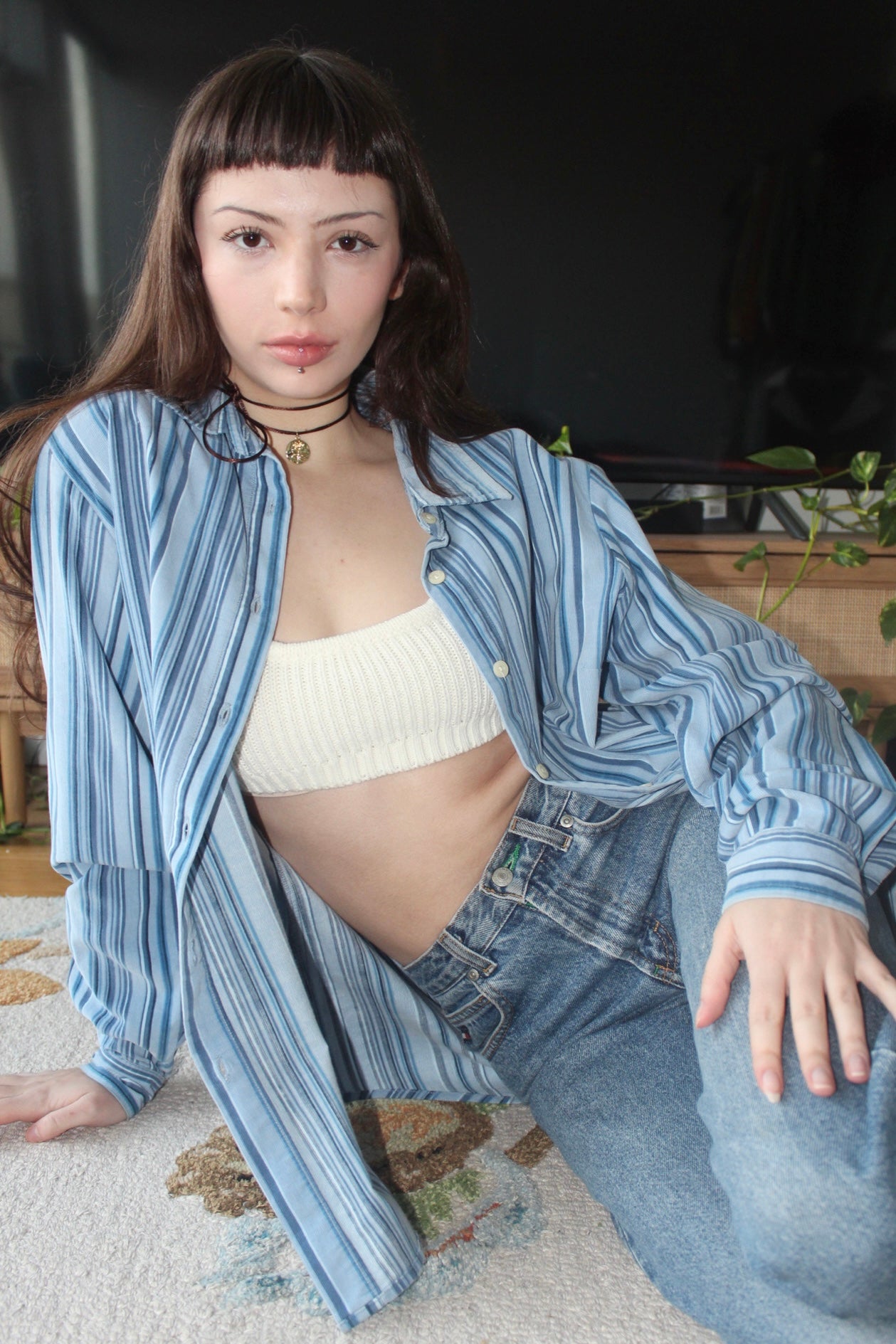 Vintage 90s Blue Striped Button Up Corduroy Textured Shirt (M)