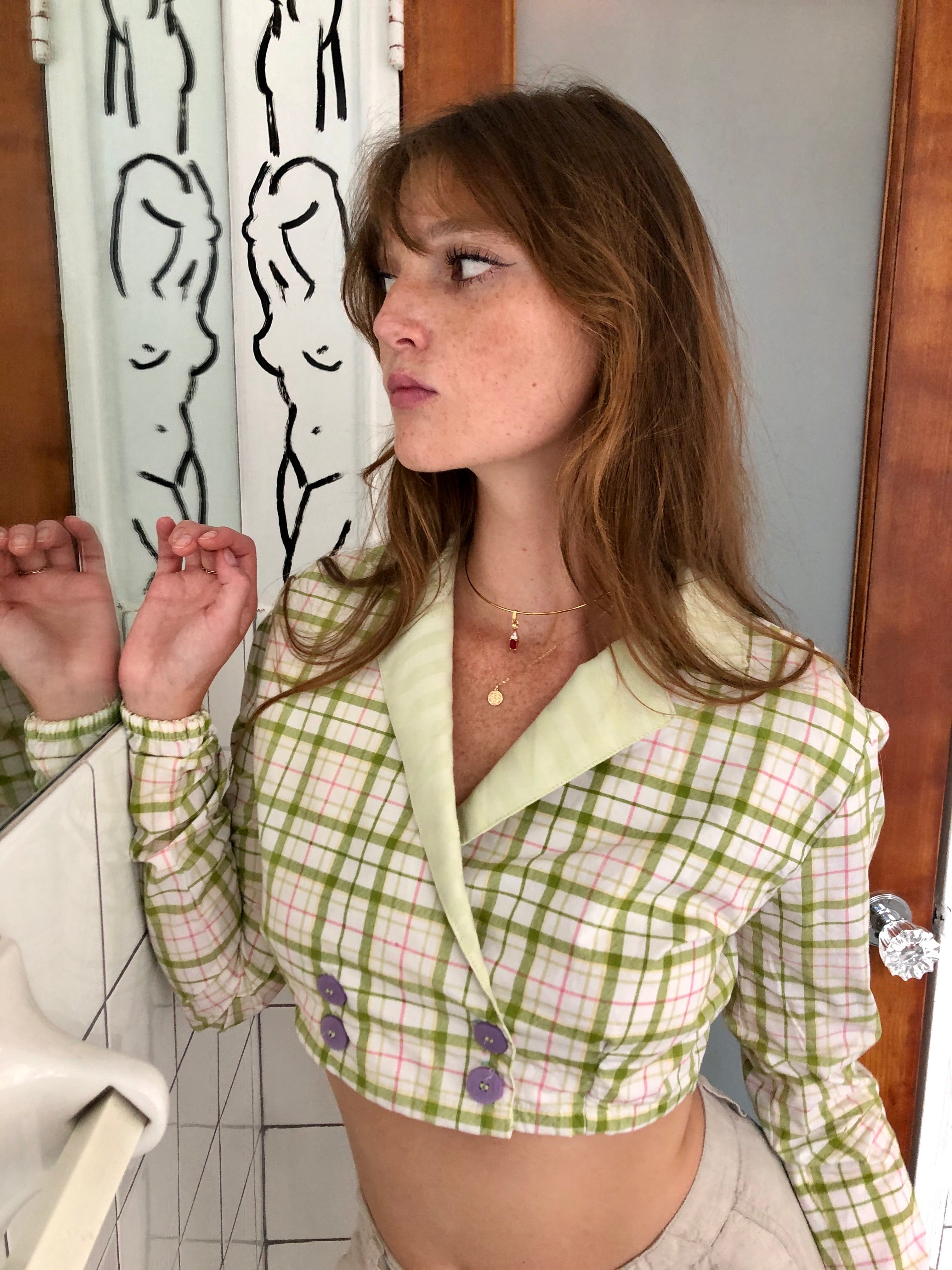 The Double Breasted Blazer Top - Fresh Plaid Print