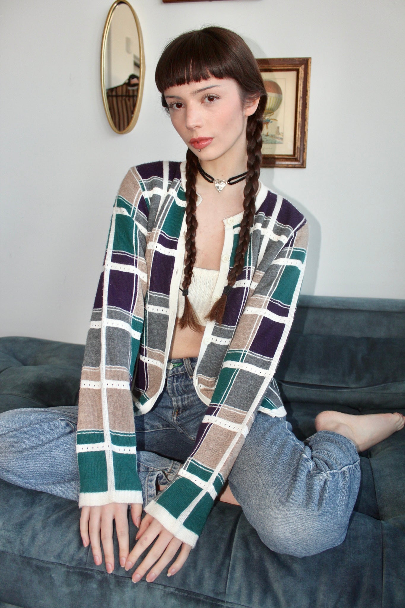 Vintage 90s Groovy Plaid Cardigan (S-M)