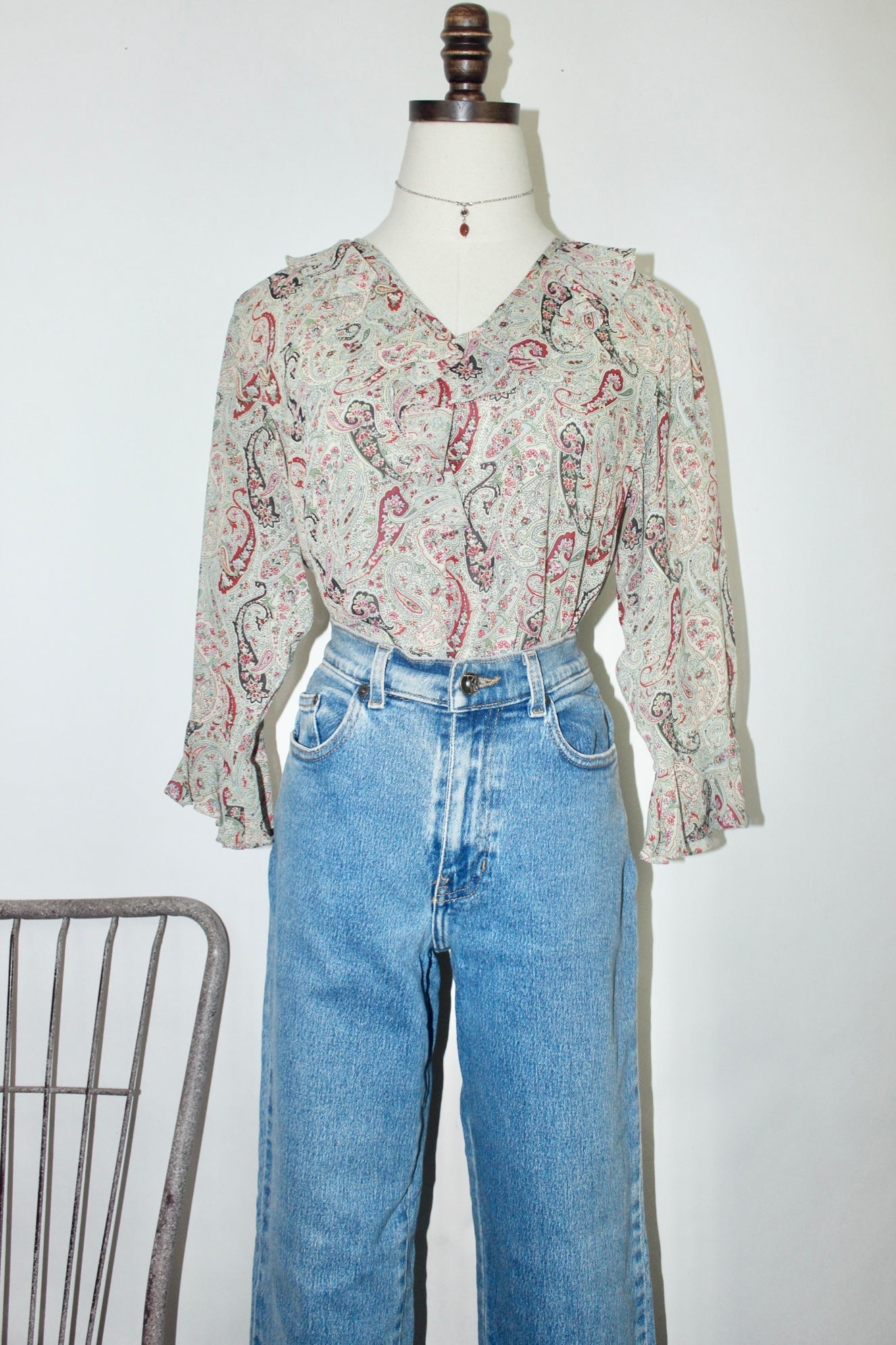 Vintage 90s Paisley Ruffled Blouse (M)