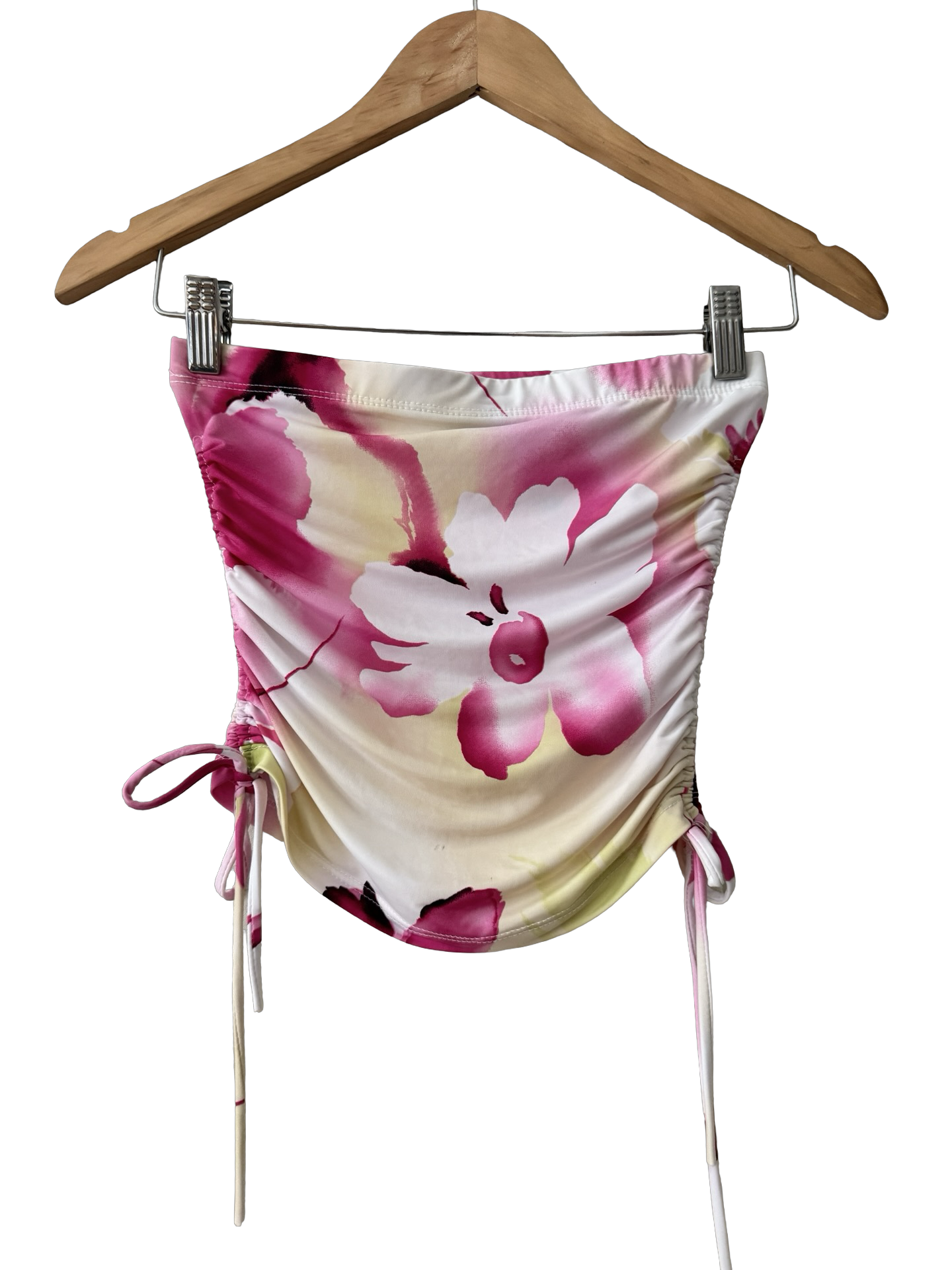 Vintage 90s Pink Hibiscus Ruched Tube Top (XS)