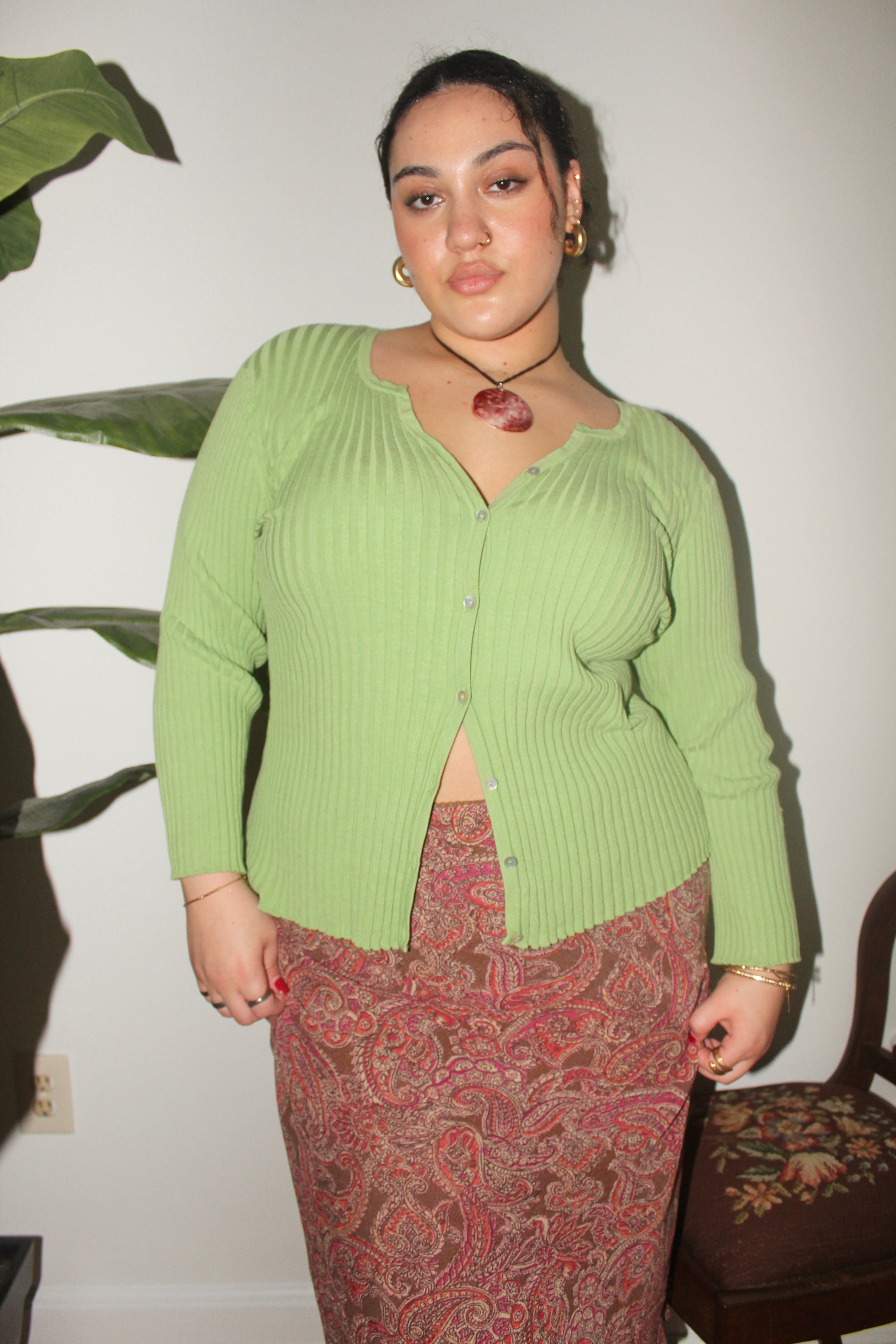 Vintage 90s Ribbed Green Apple Cardigan (L)