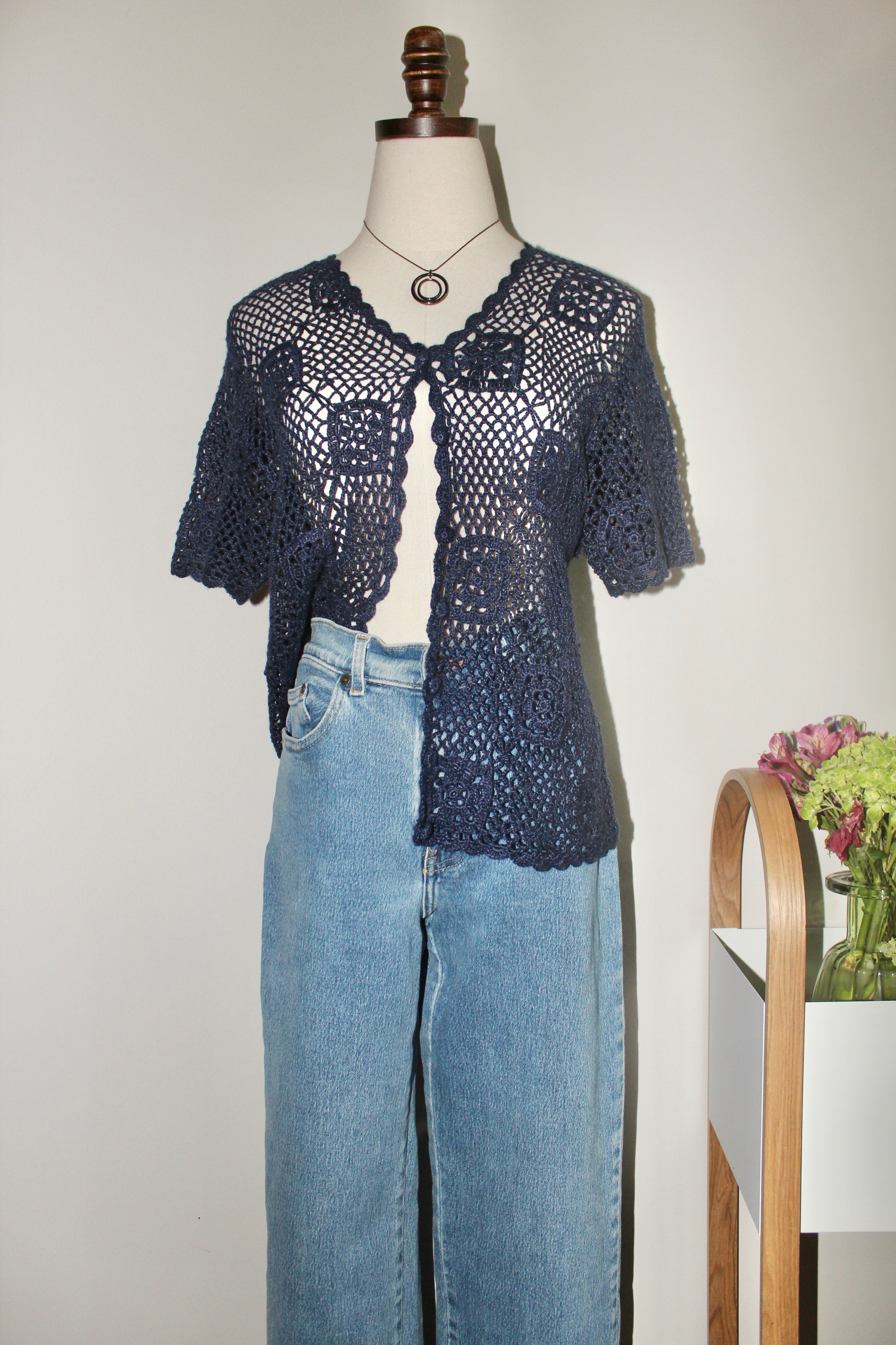 Vintage 90s Dainty Crochet Short Sleeve Knit (M)