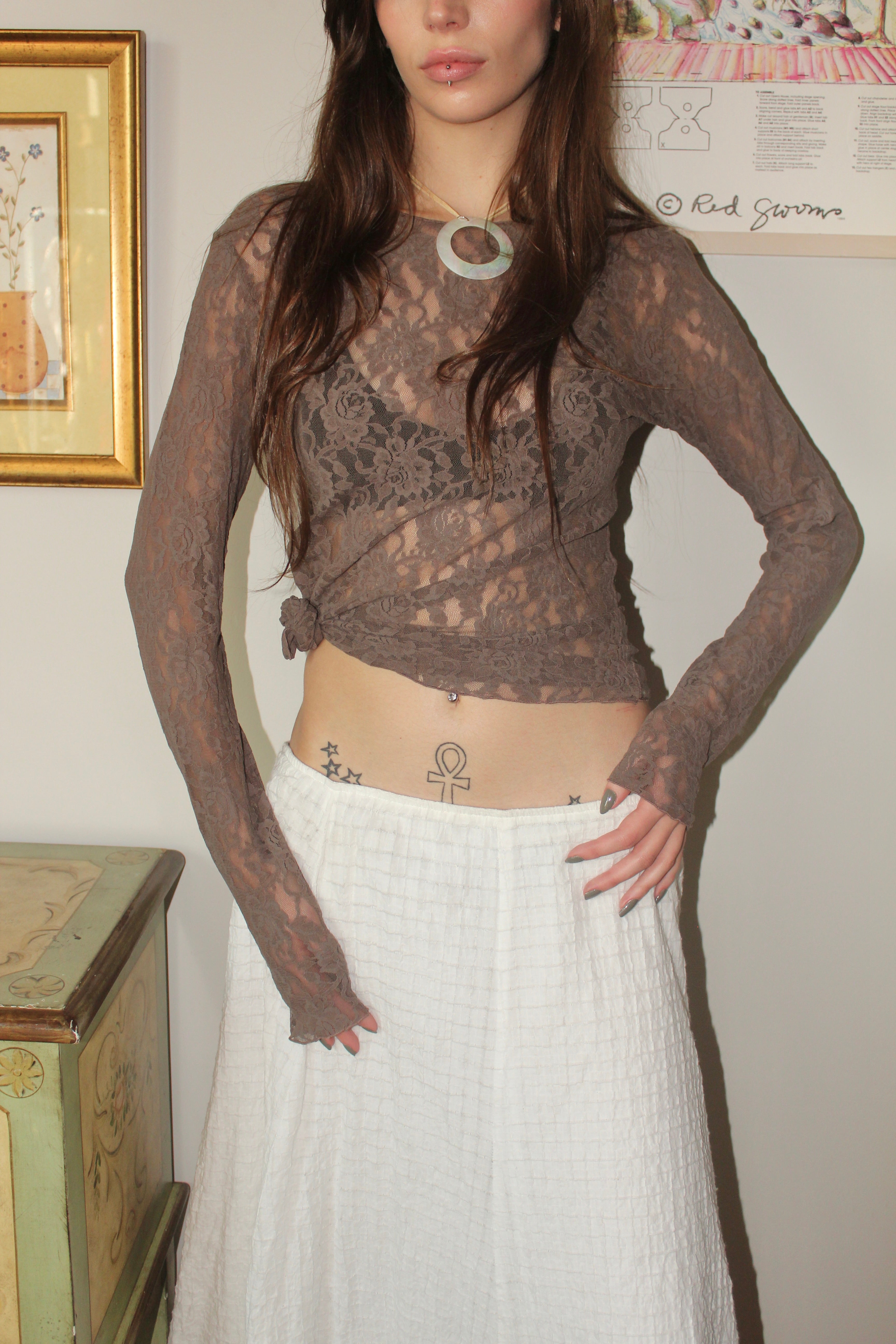 Vintage 80s Sheer Lace Taupe Long Sleeve (S)