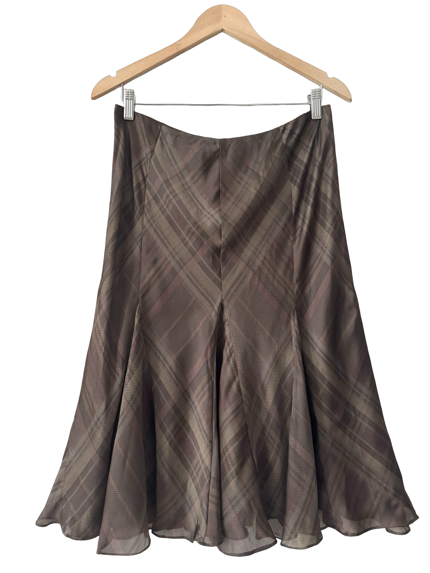 Vintage 90s Mocha Plaid Silk Godet Midi Skirt (S/M)