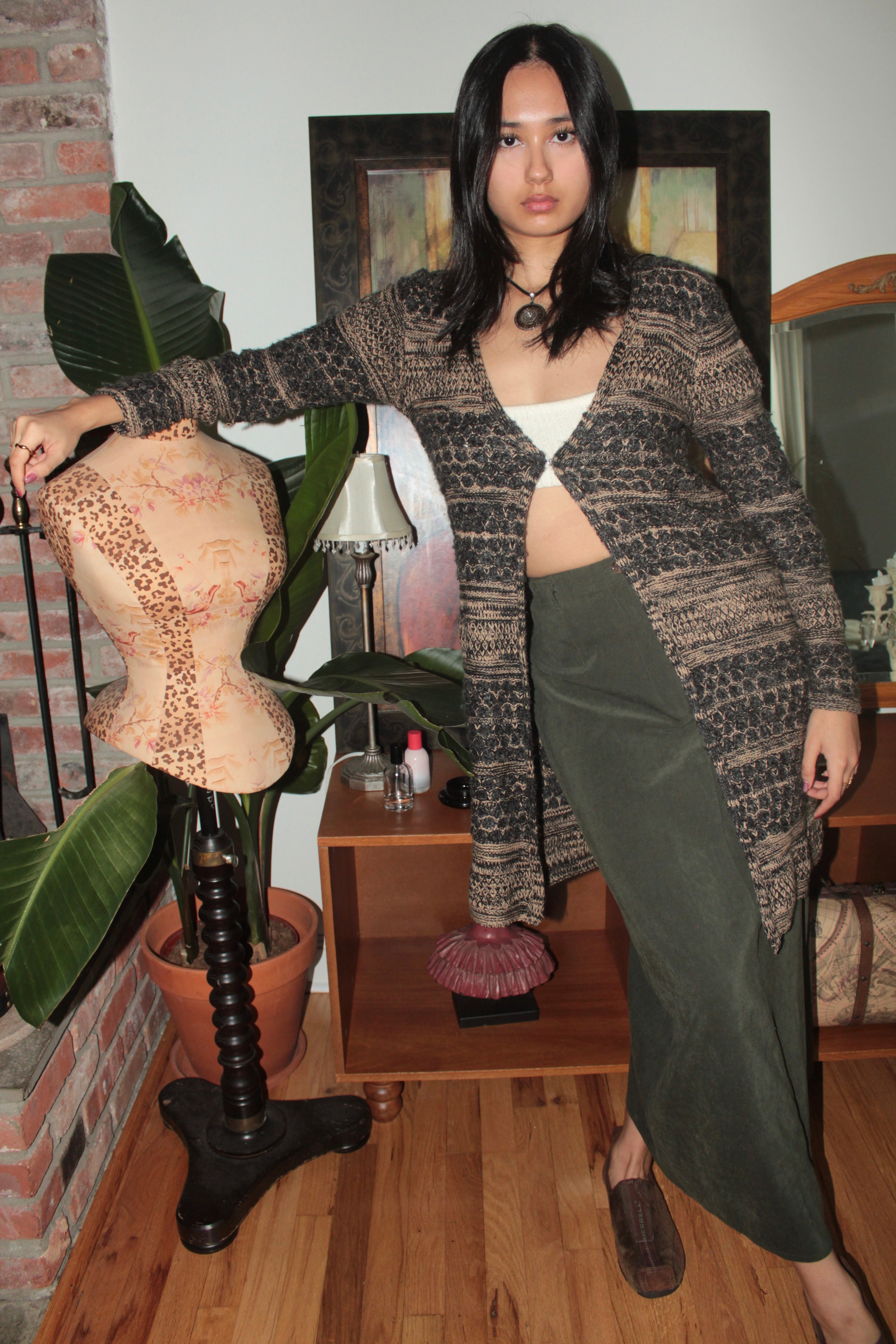 Vintage Cozy Mixed-Knit Long Cardigan (S)