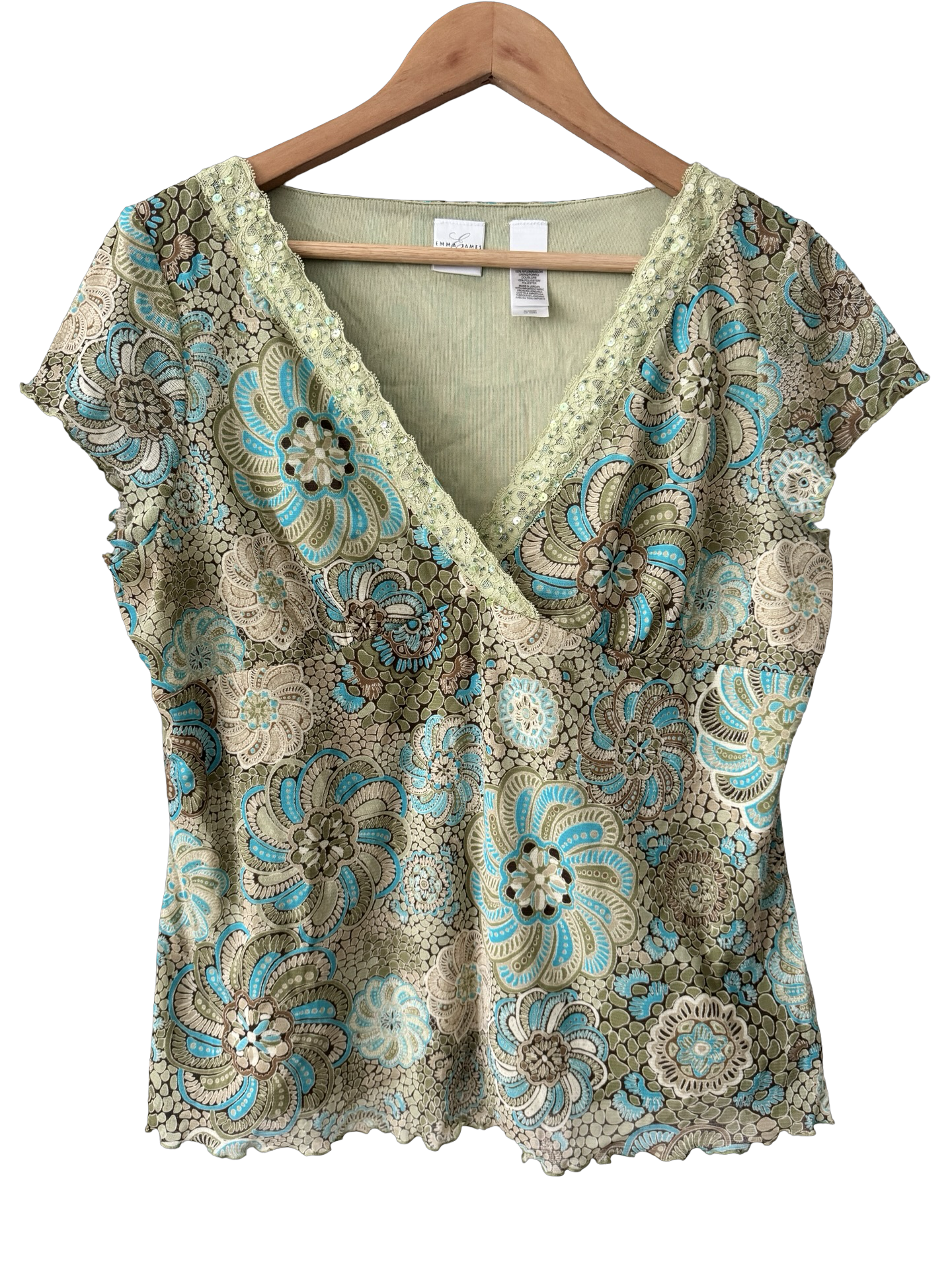 Vintage Y2K Turquoise Garden Wrap Top (XL)