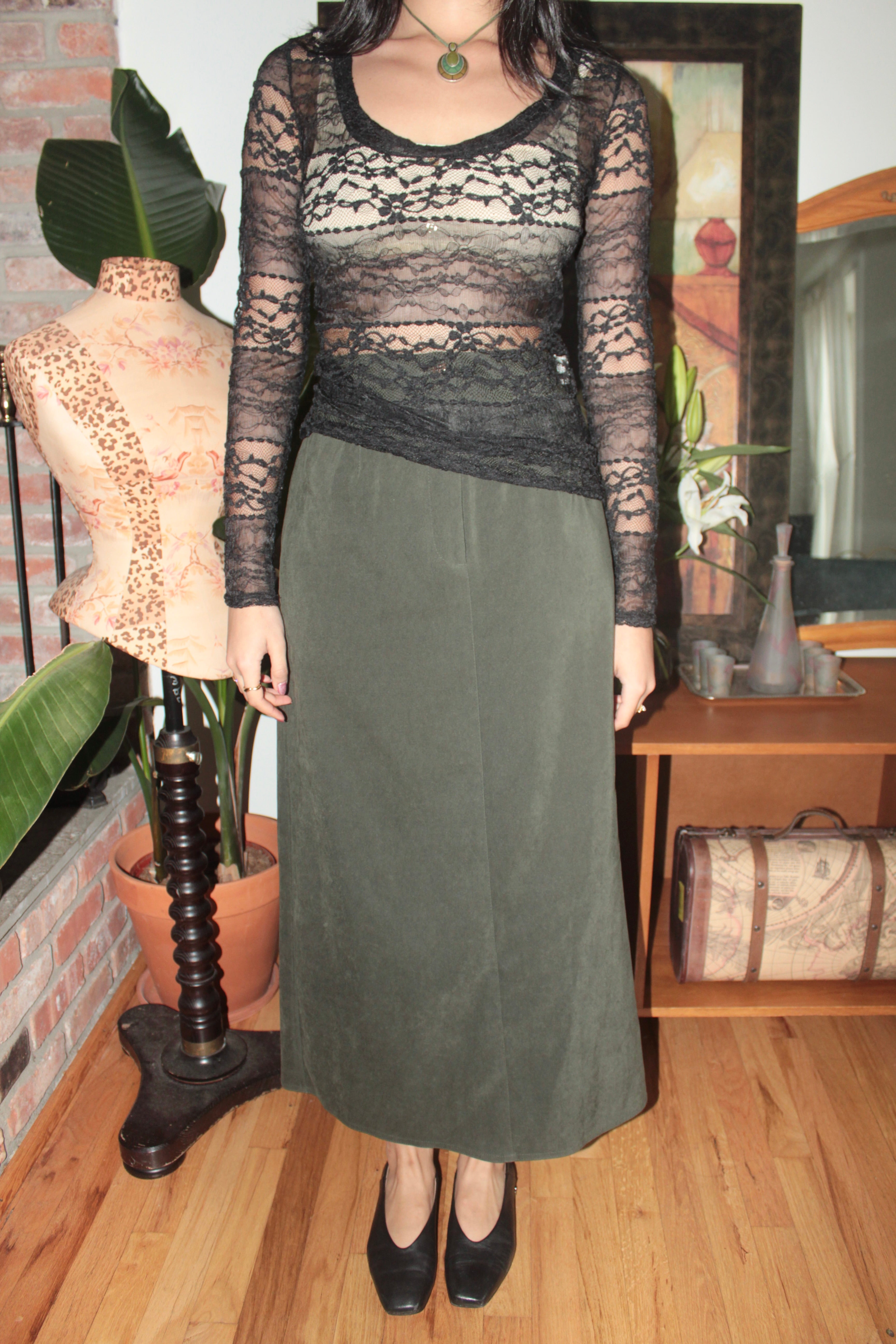 Vintage 90s Black Sheer Floral Lace Long Sleeve Top (S)