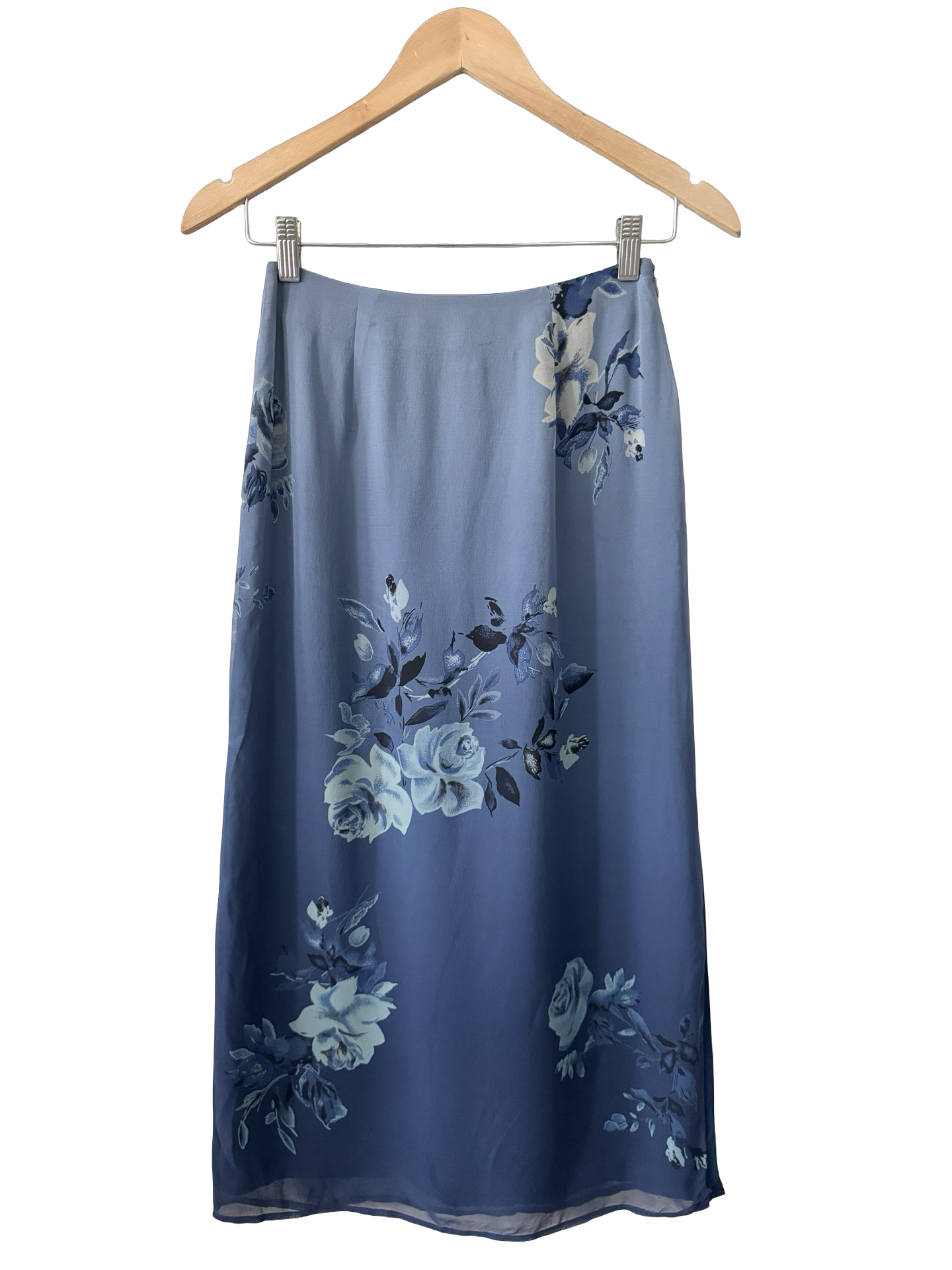 Vintage 90s Blue Silk Rose Slip Midi Skirt (S)