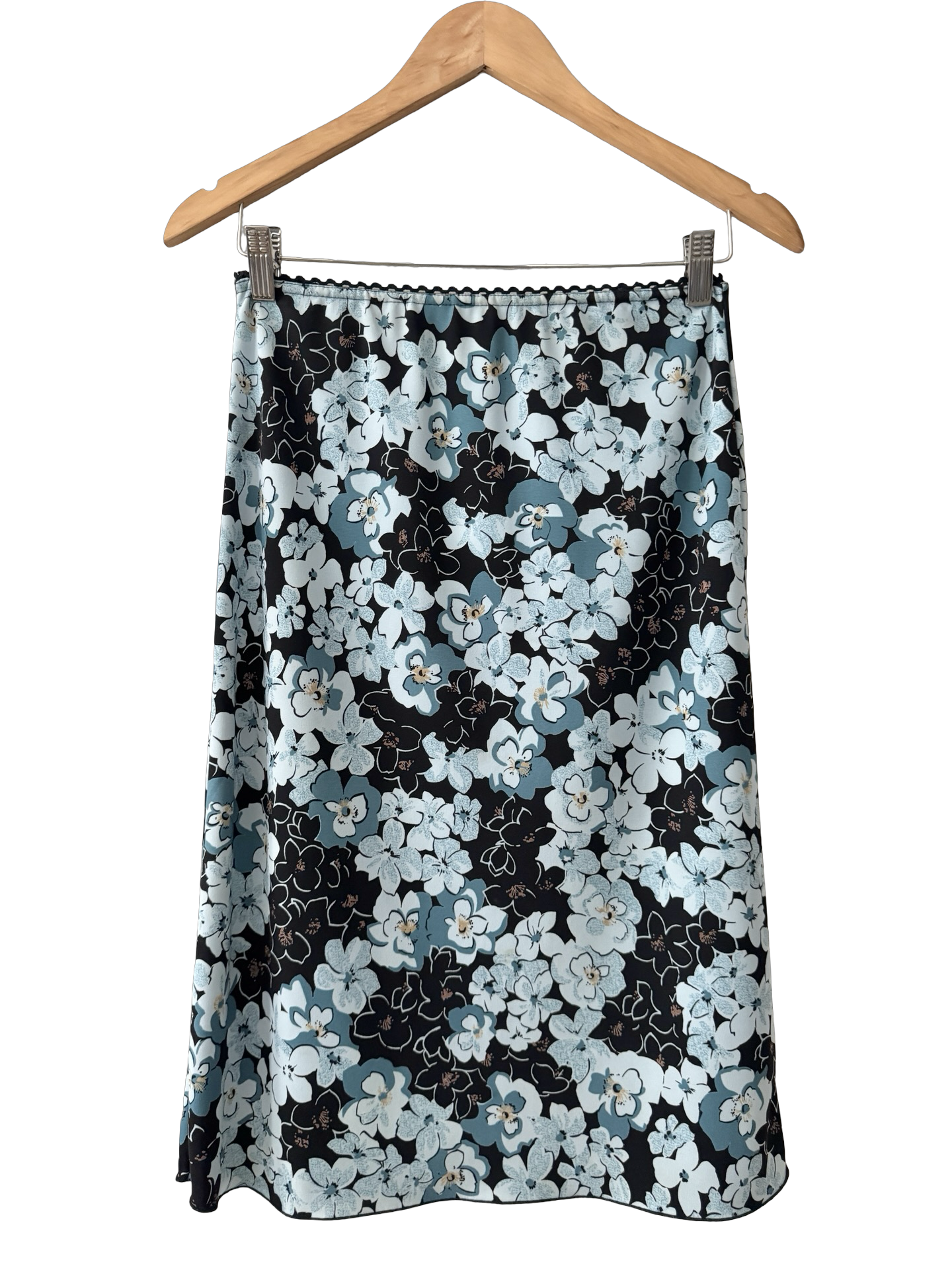 Vintage 90s Blue Floral Slip Midi Skirt (S)