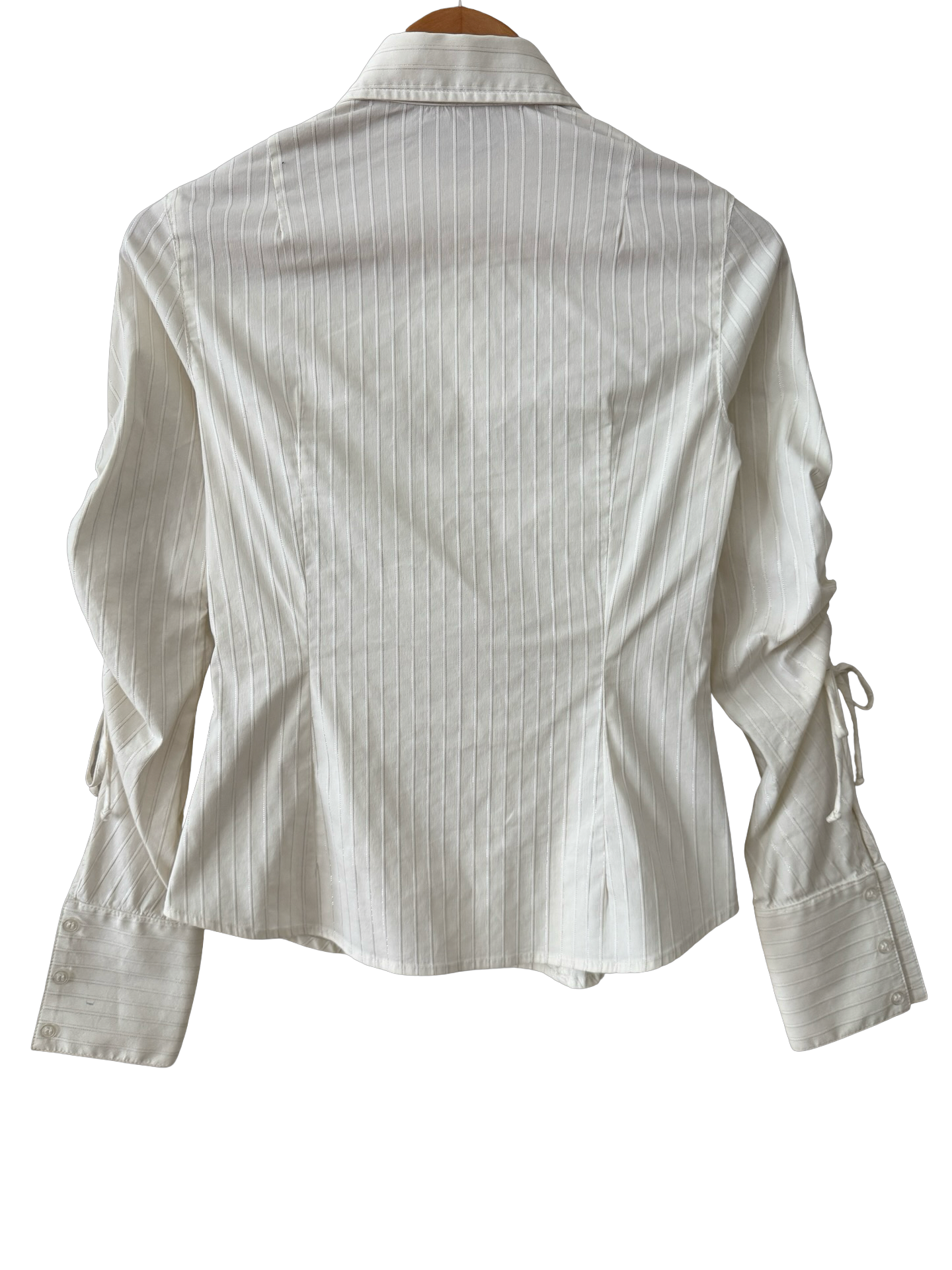 Vintage Y2K Ivory Ruched Sleeve Tie Button-Up (S)