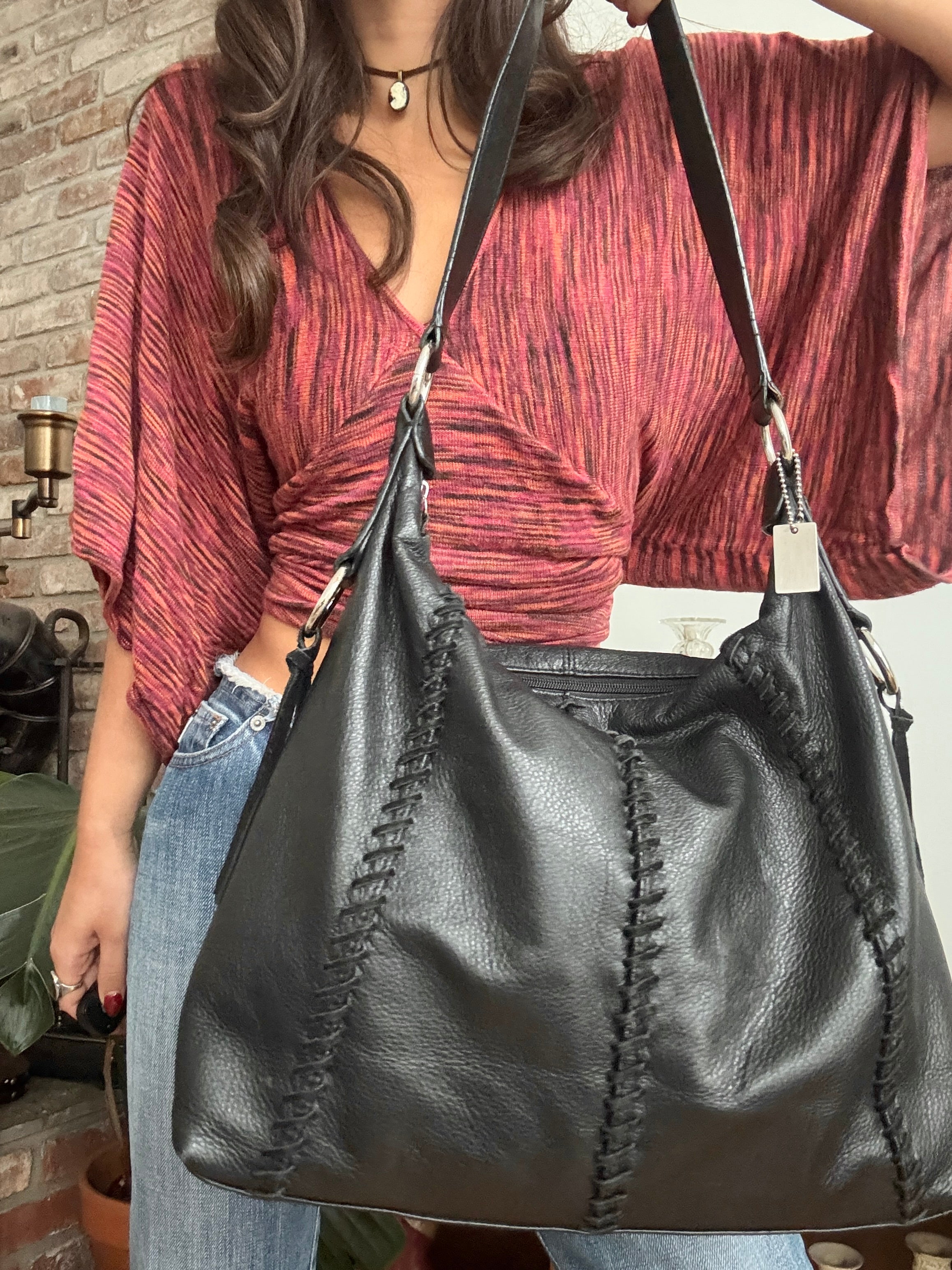 Vintage Y2K Black Whipstitch Slouch Bag