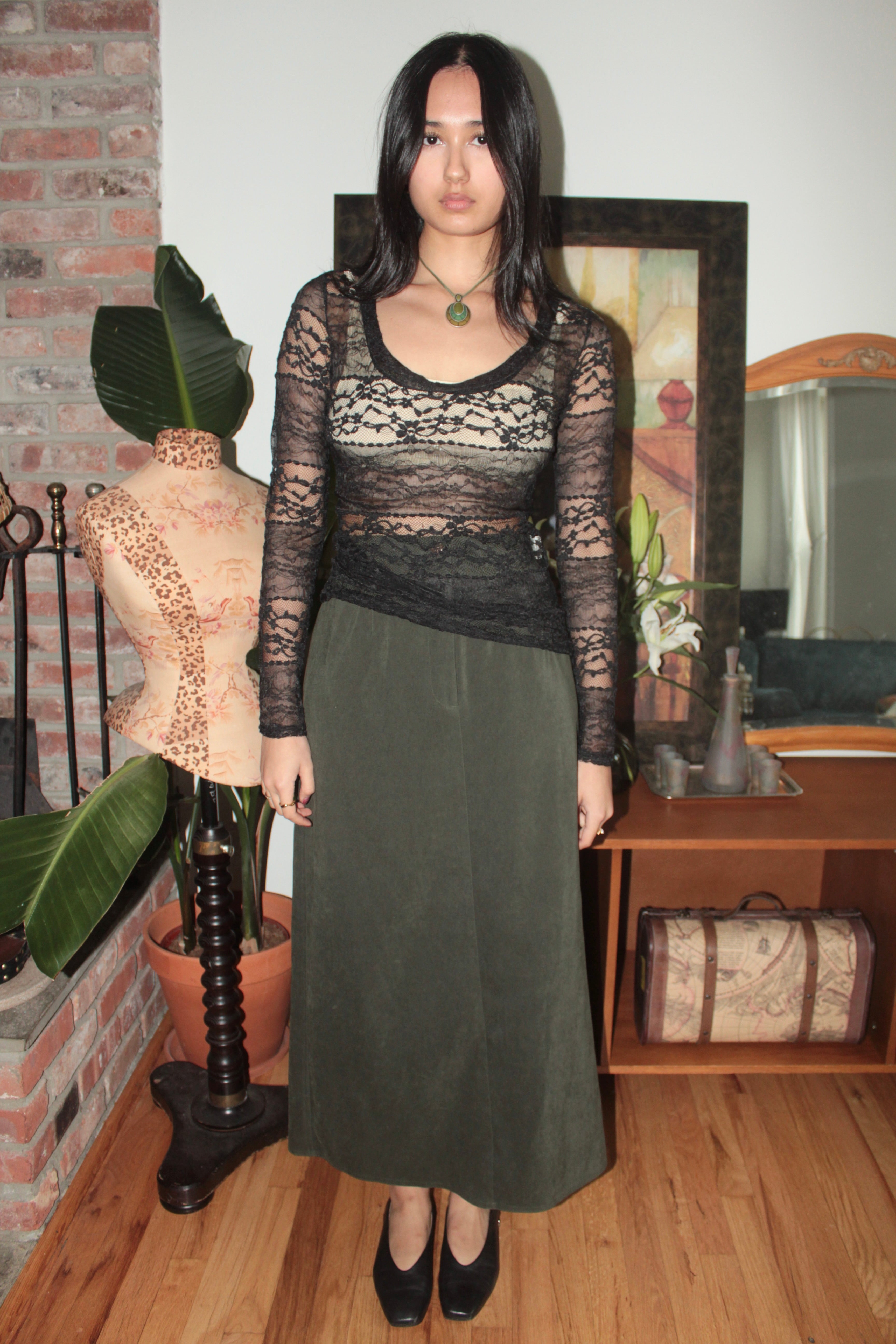 Vintage 90s Black Sheer Floral Lace Long Sleeve Top (S)