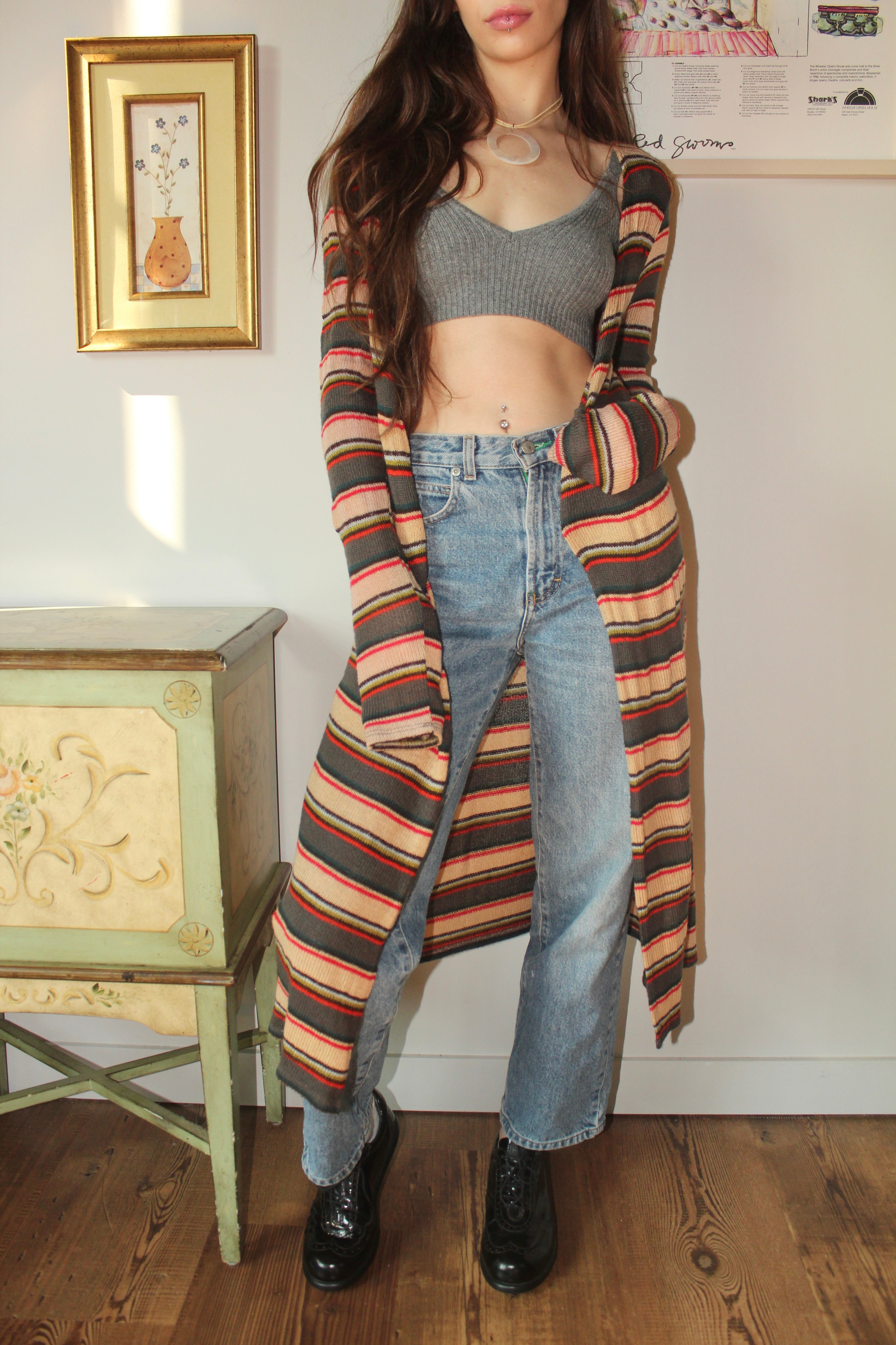 Retro Cozy Striped Longline Knit (S/M)