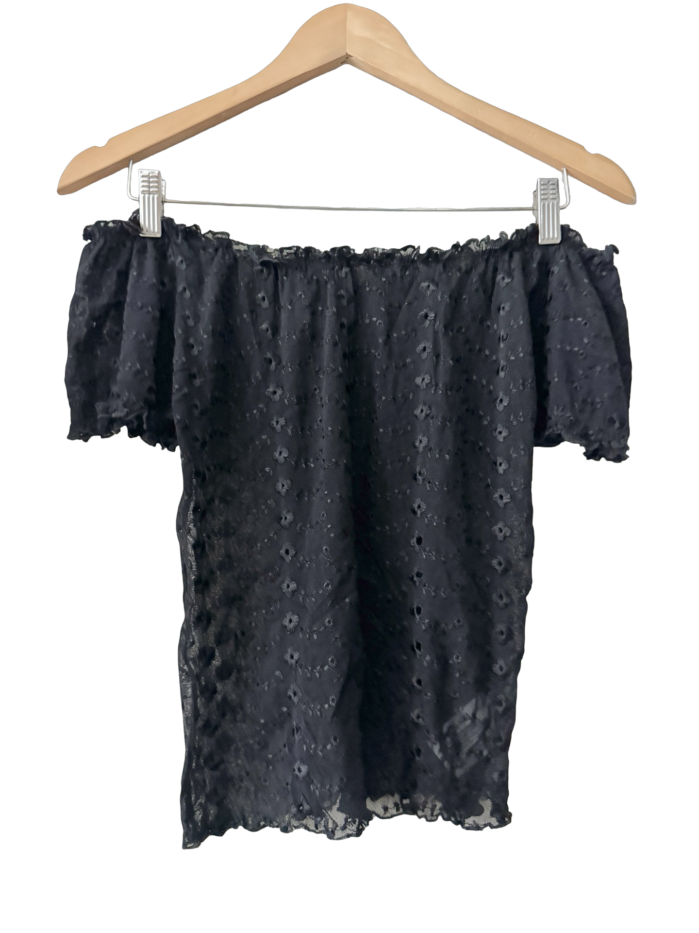 Vintage 90s Midnight Garden Sheer Off-Shoulder Top (S)