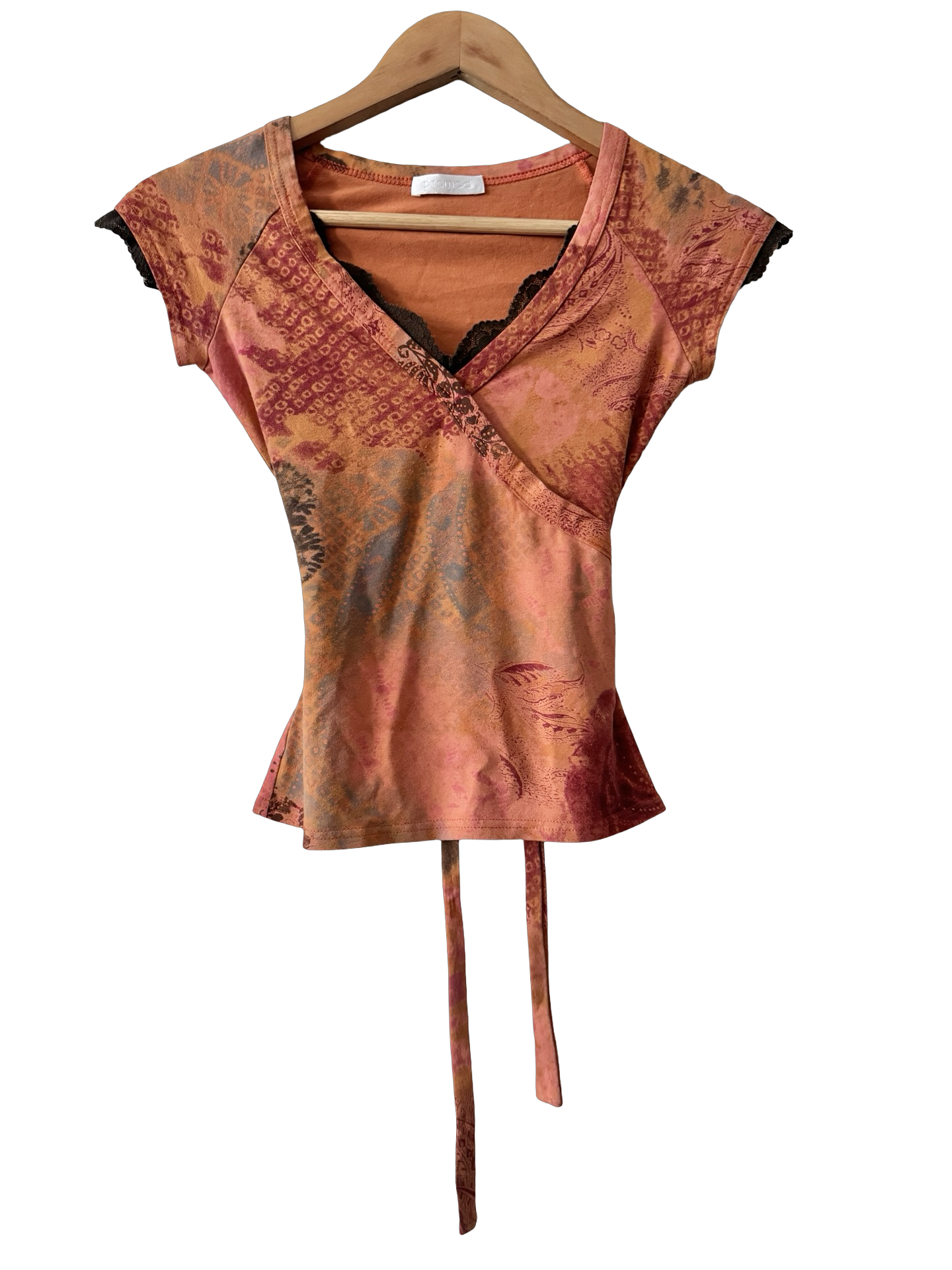 Vintage Y2K Burnt Sunset Tie Lace Top (S)