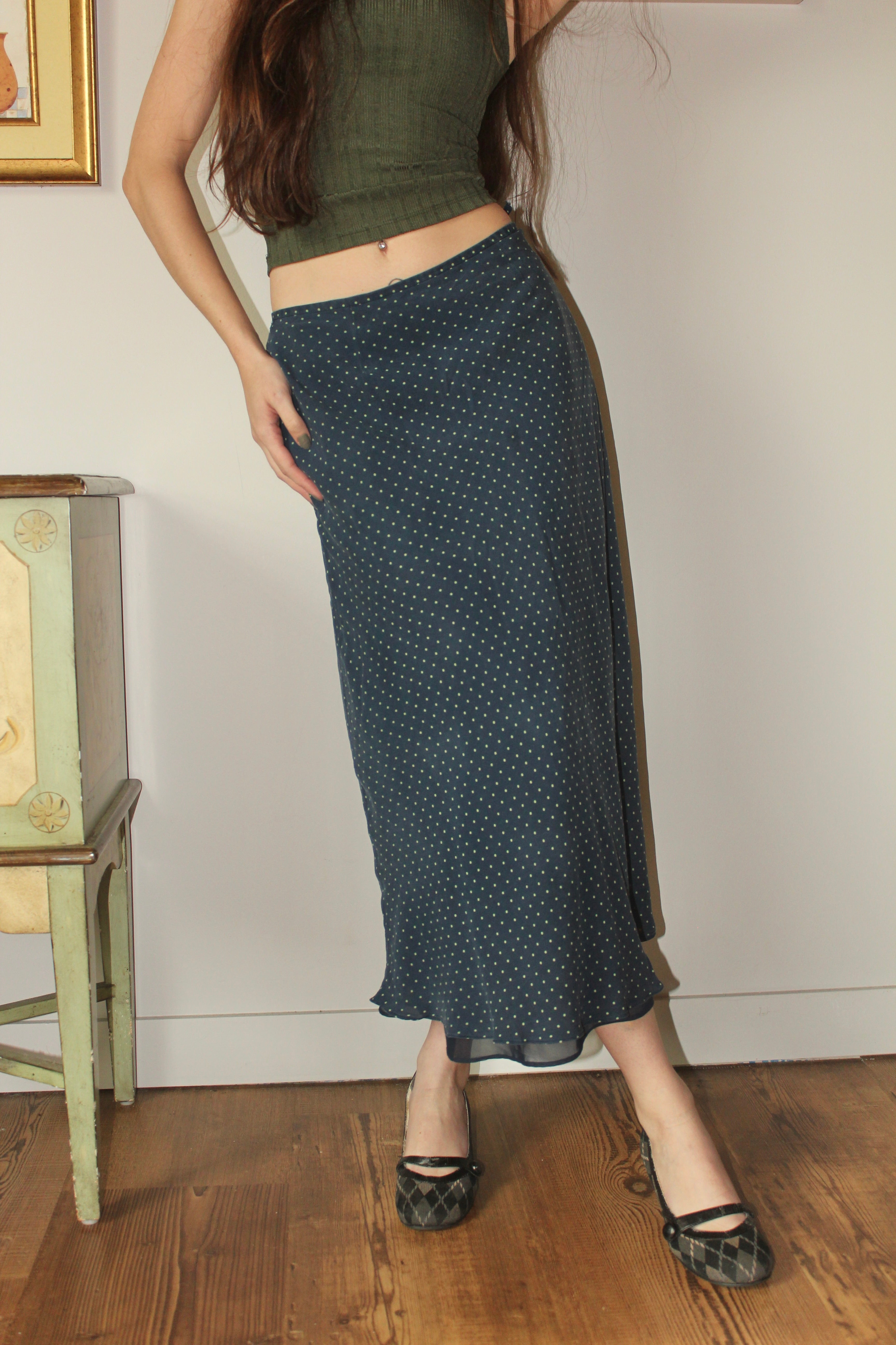 Vintage 90s Silk Dotted MIdi Skirt (S)