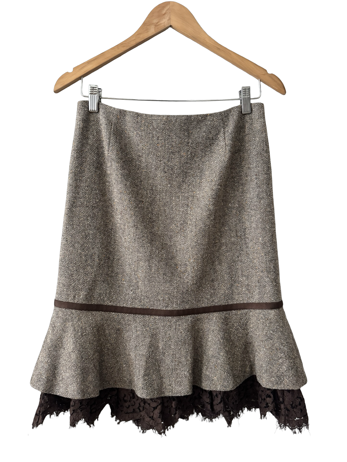 Vintage 90s Rebecca Taylor Herringbone Lace Trim Midi Skirt (S)