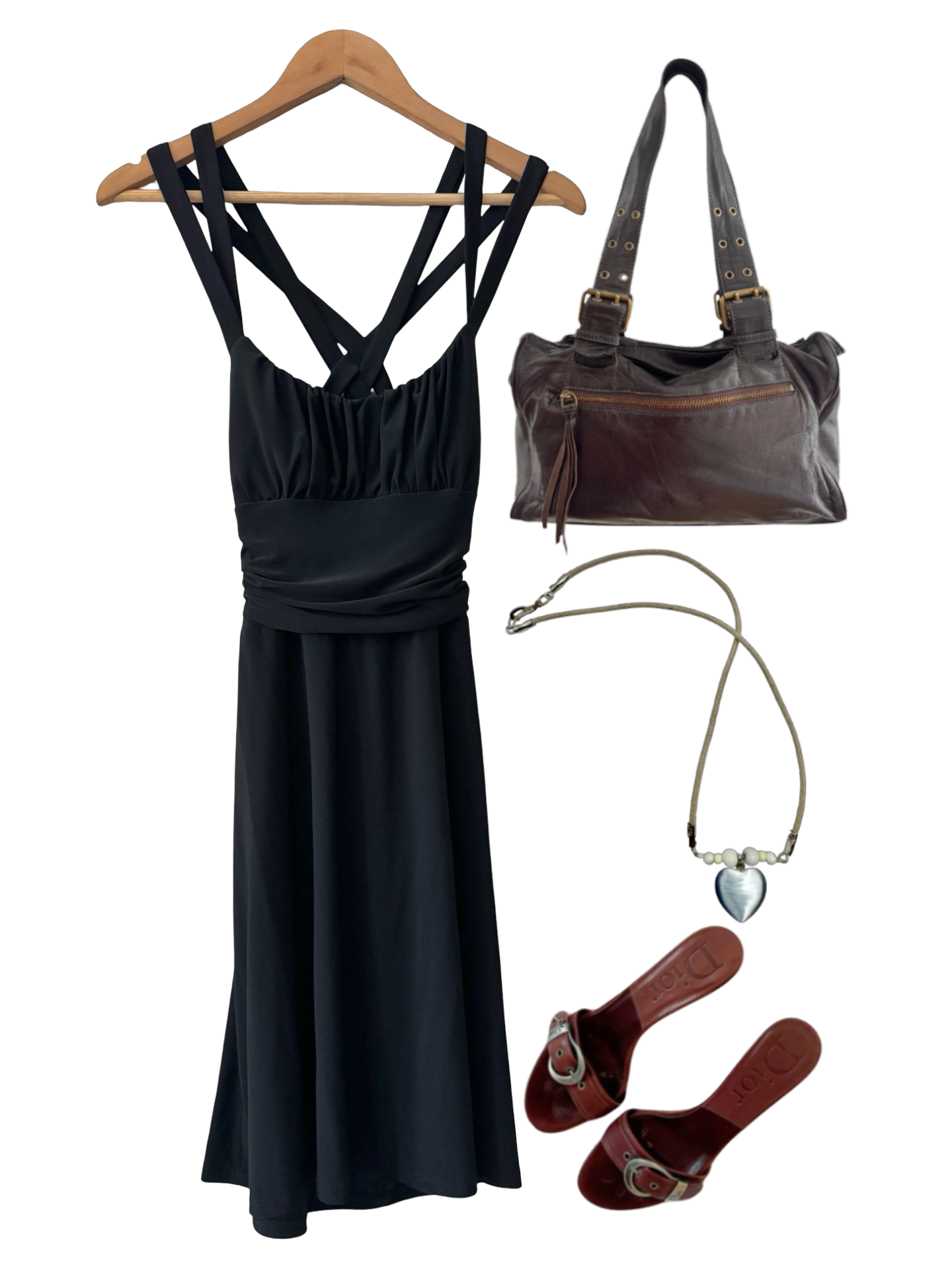 Vintage 90s Black Strappy Ruched Midi Dress (S)
