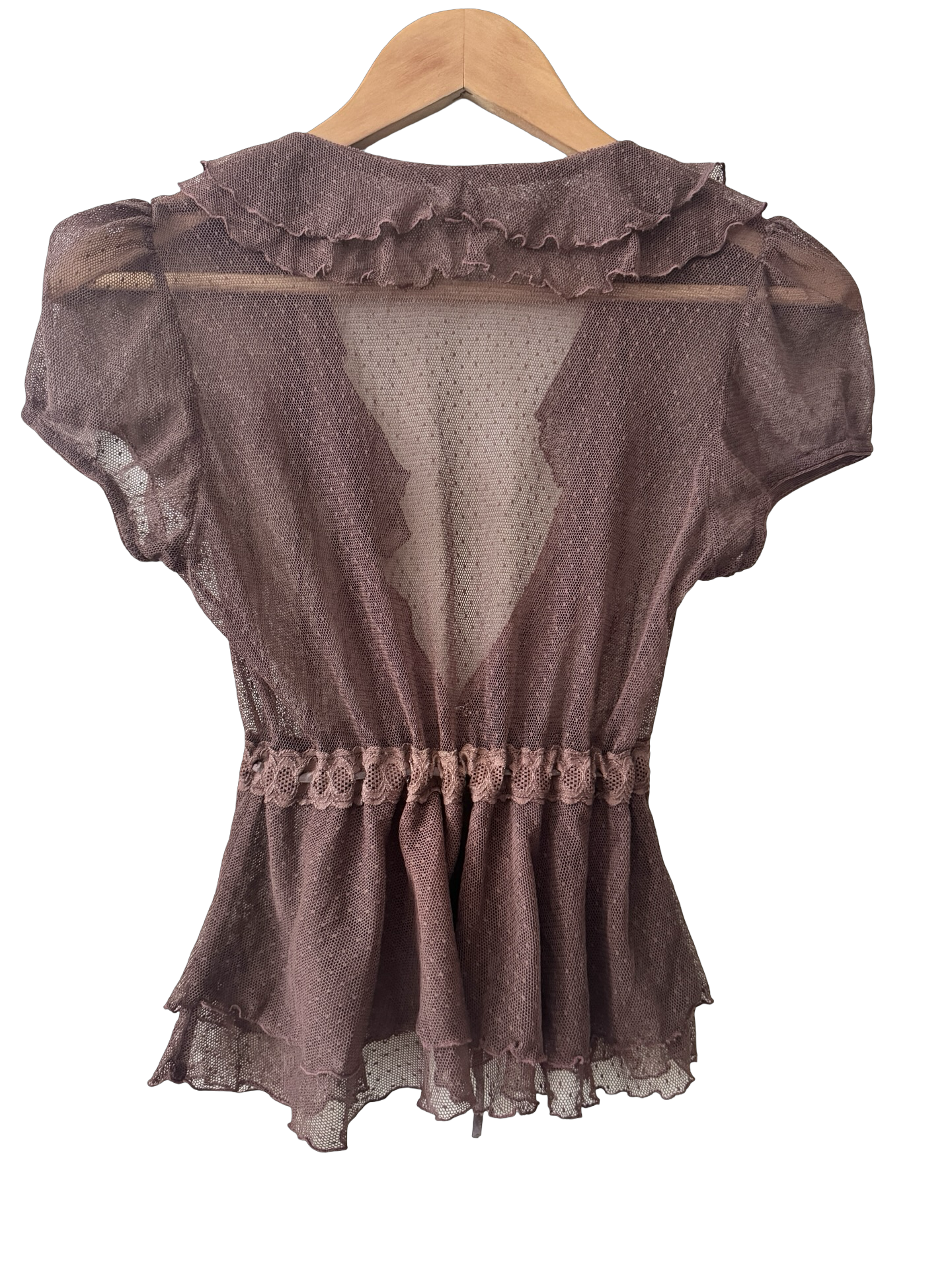 Vintage 90s Mocha Tulle Poet Ruffle Tie Blouse (XS/S)