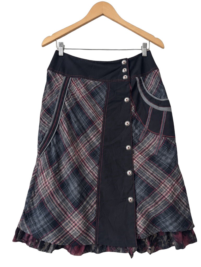 Vintage Y2K Downtown Plaid Asymmetrical Button Midi Skirt (M)