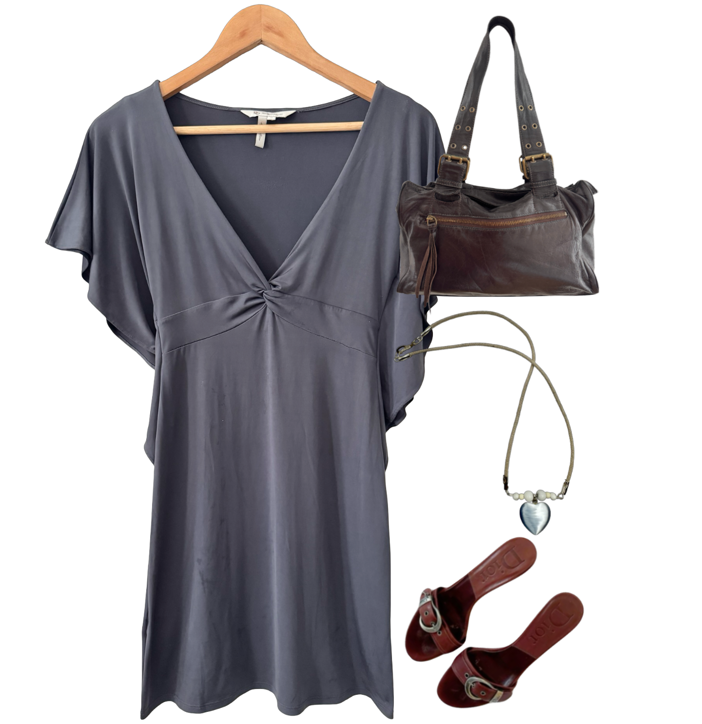 Vintage Y2K Slate Twist Flutter Sleeve Dress (S)