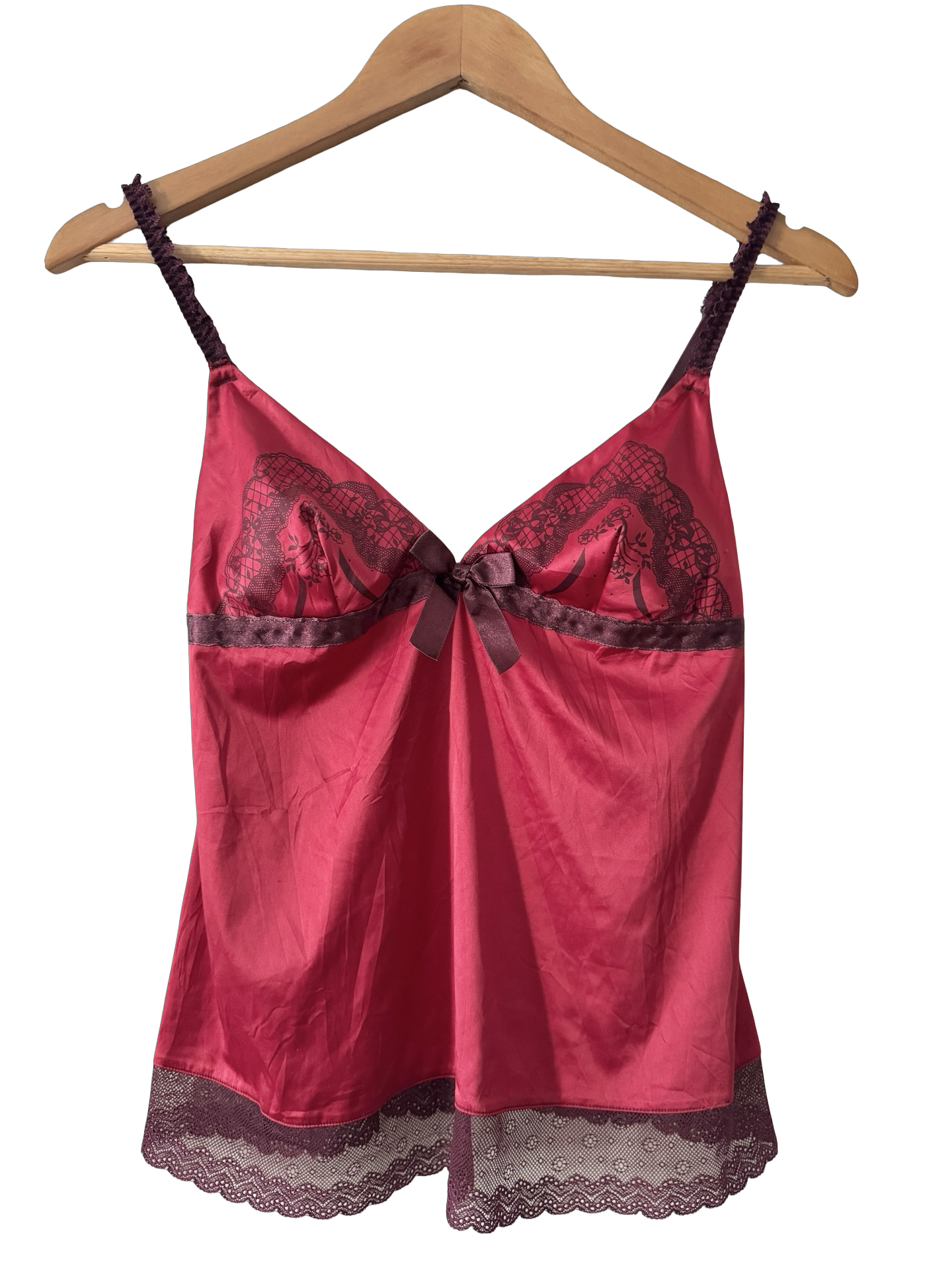 Vintage Y2K French Raspberry Noir Satin Lace Camisole (XS/S)