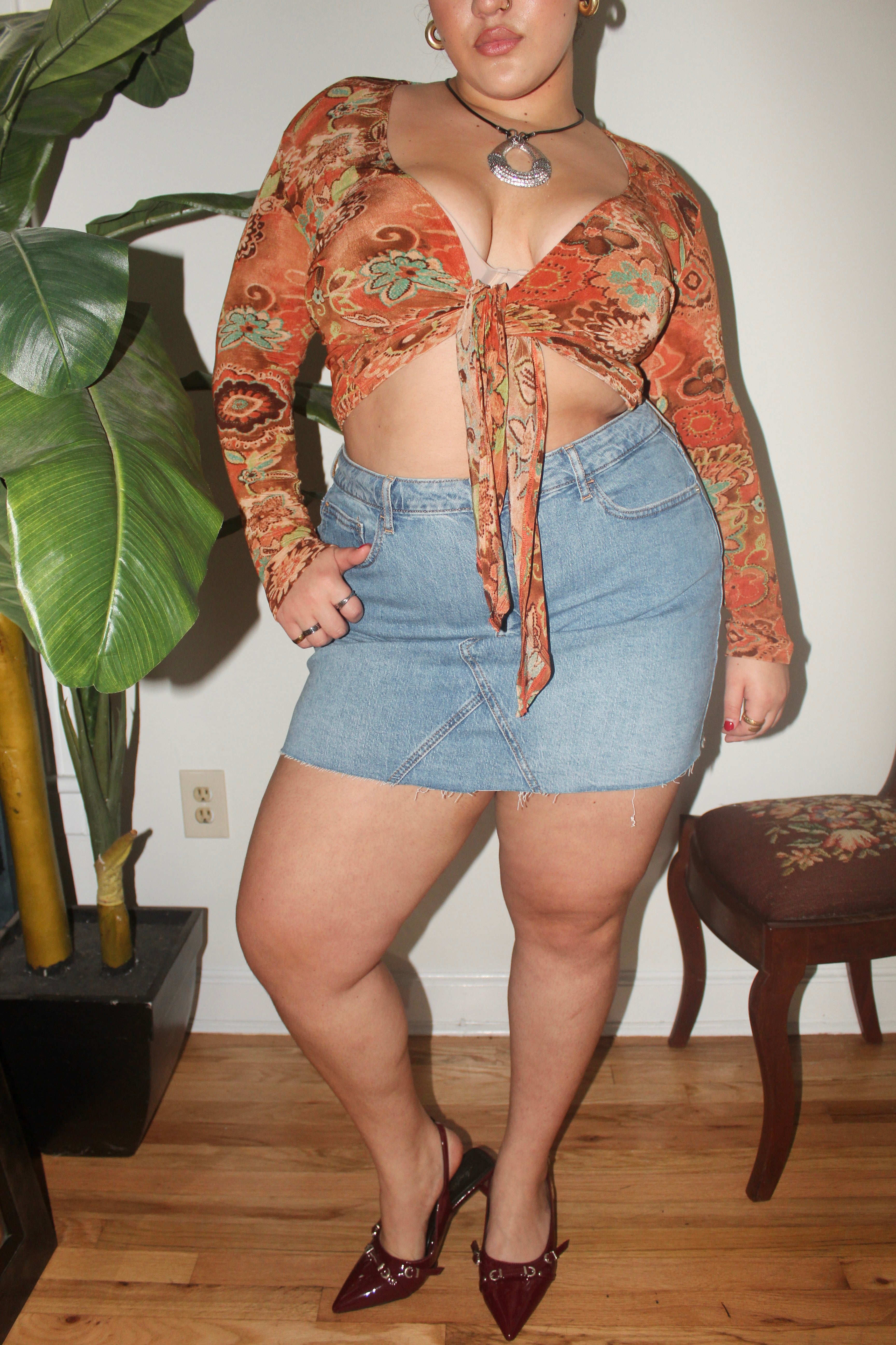 Vintage 90s Tangerine Floral Boho Tie Knit (L/XL)
