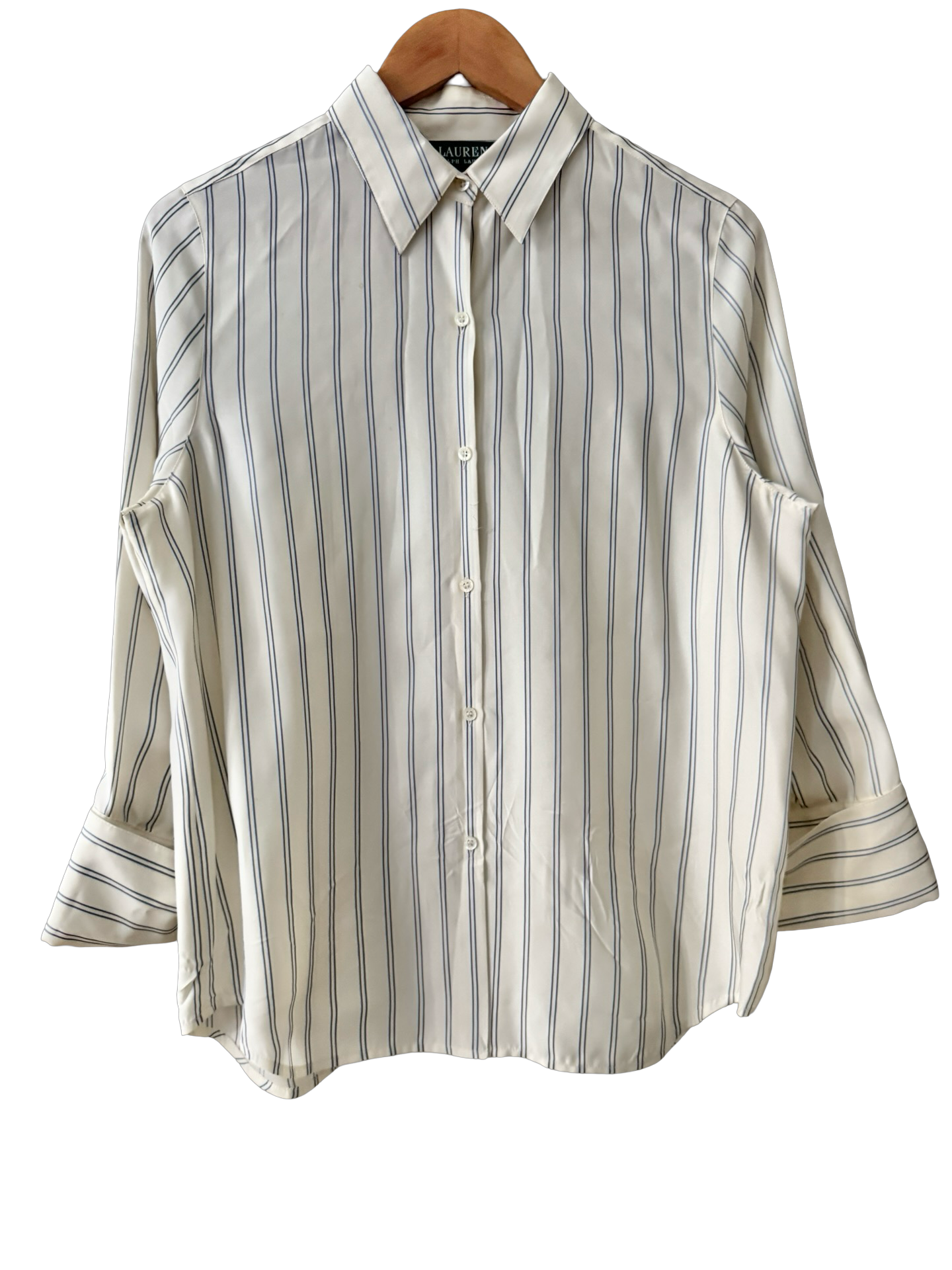 Vintage 90s Ralph Lauren Ivory Pinstripe Silk Blouse (M)
