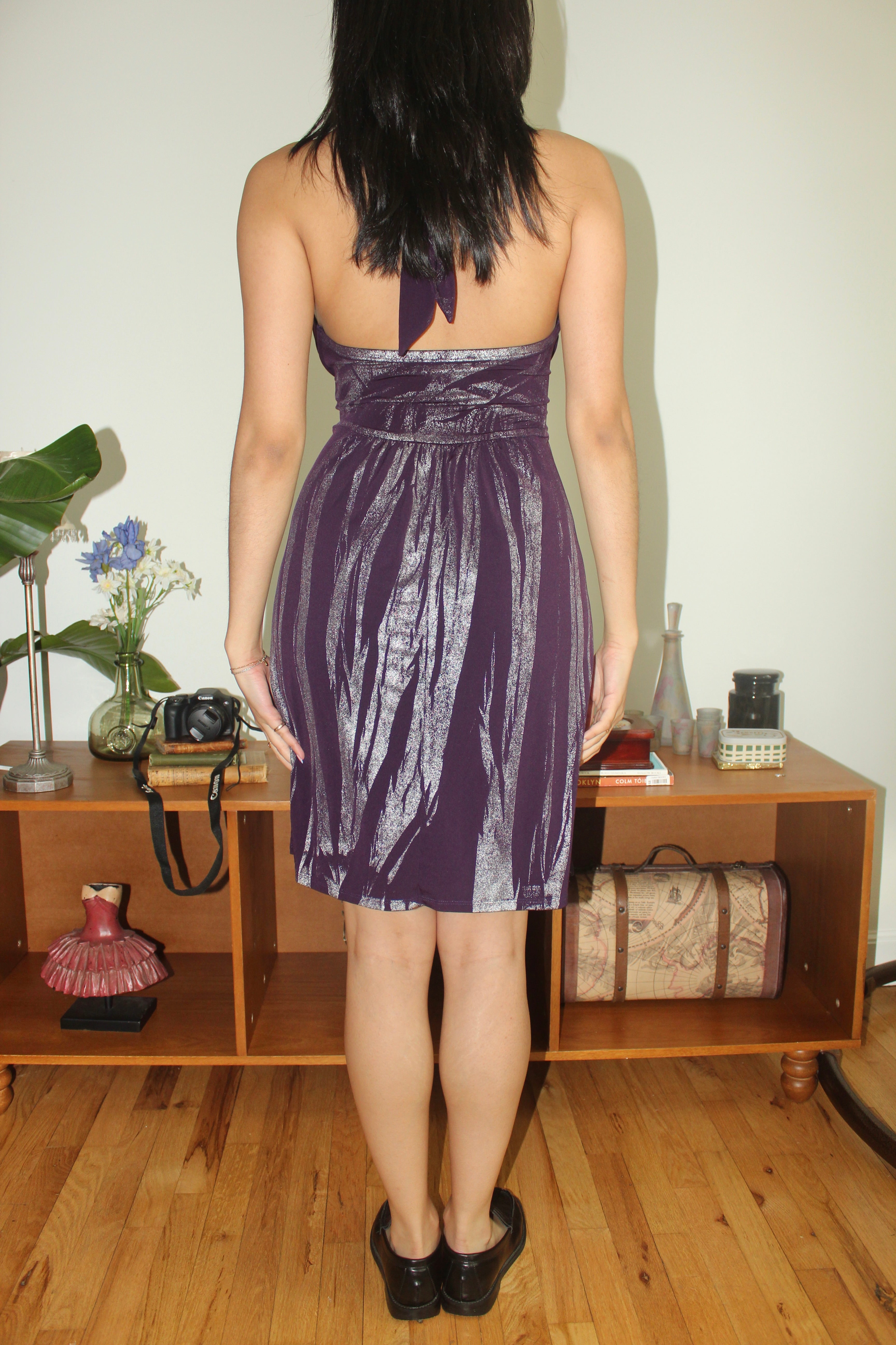 Vintage Y2K Plum Shimmer Halter Dress (S/M)