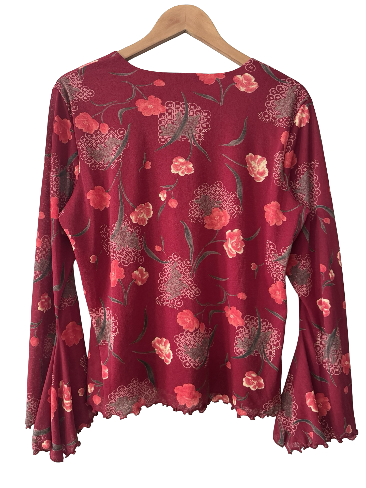 Vintage Y2K Crimson Garden Flared Sleeve Top (XL)