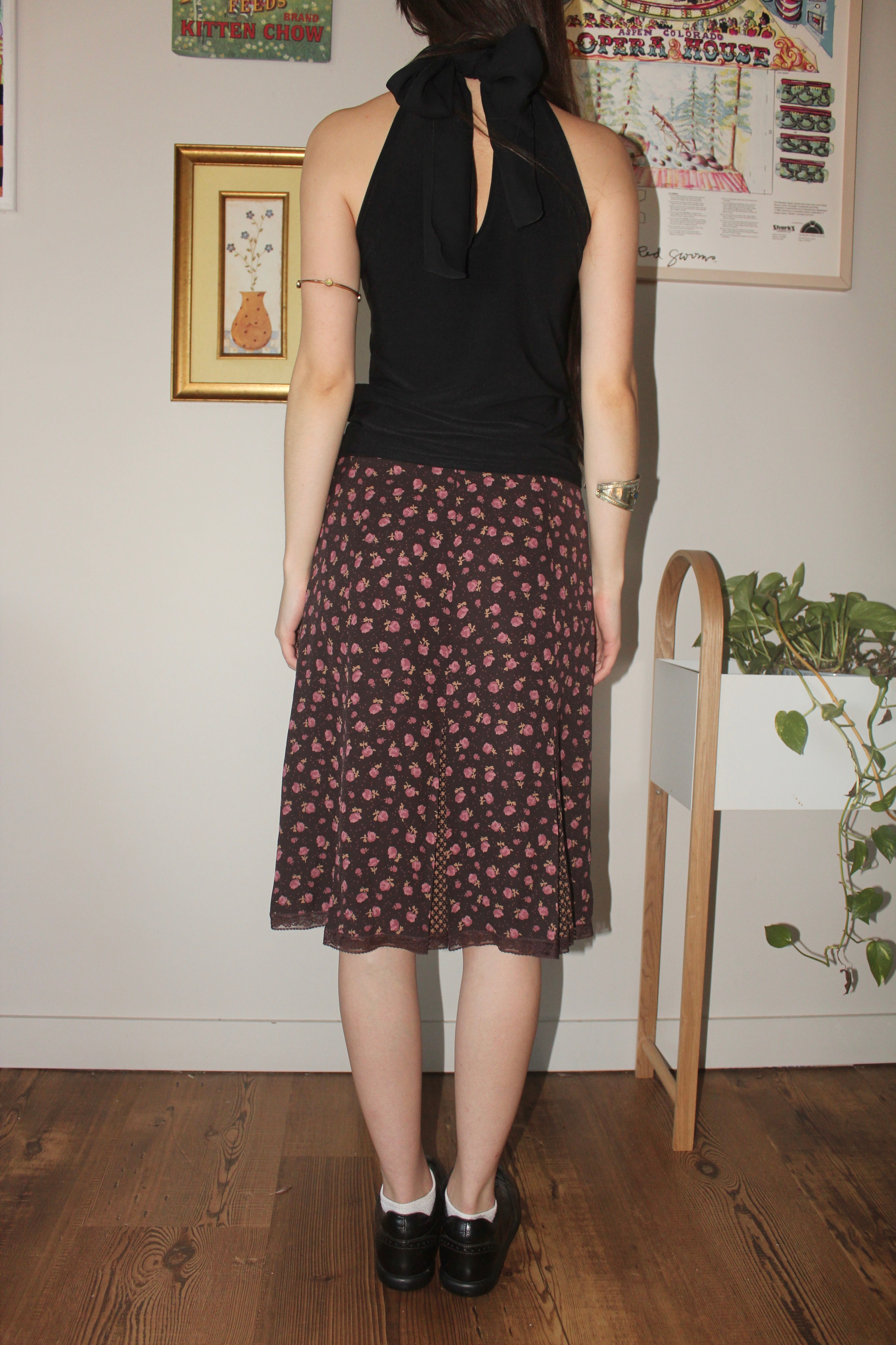 Vintage 90s Silk Mixed Floral Dotted Midi Skirt (S)