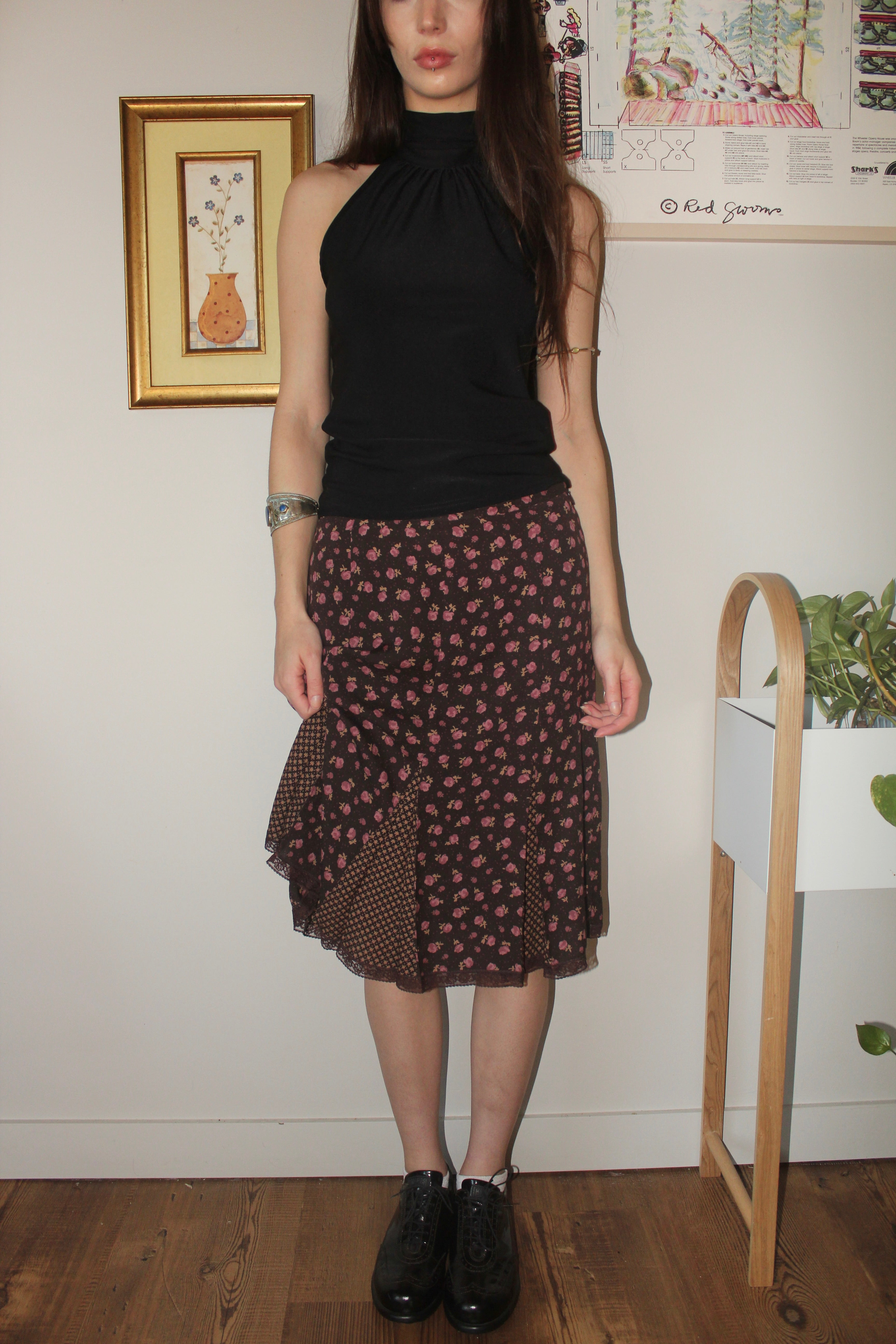 Vintage 90s Silk Mixed Floral Dotted Midi Skirt (S)