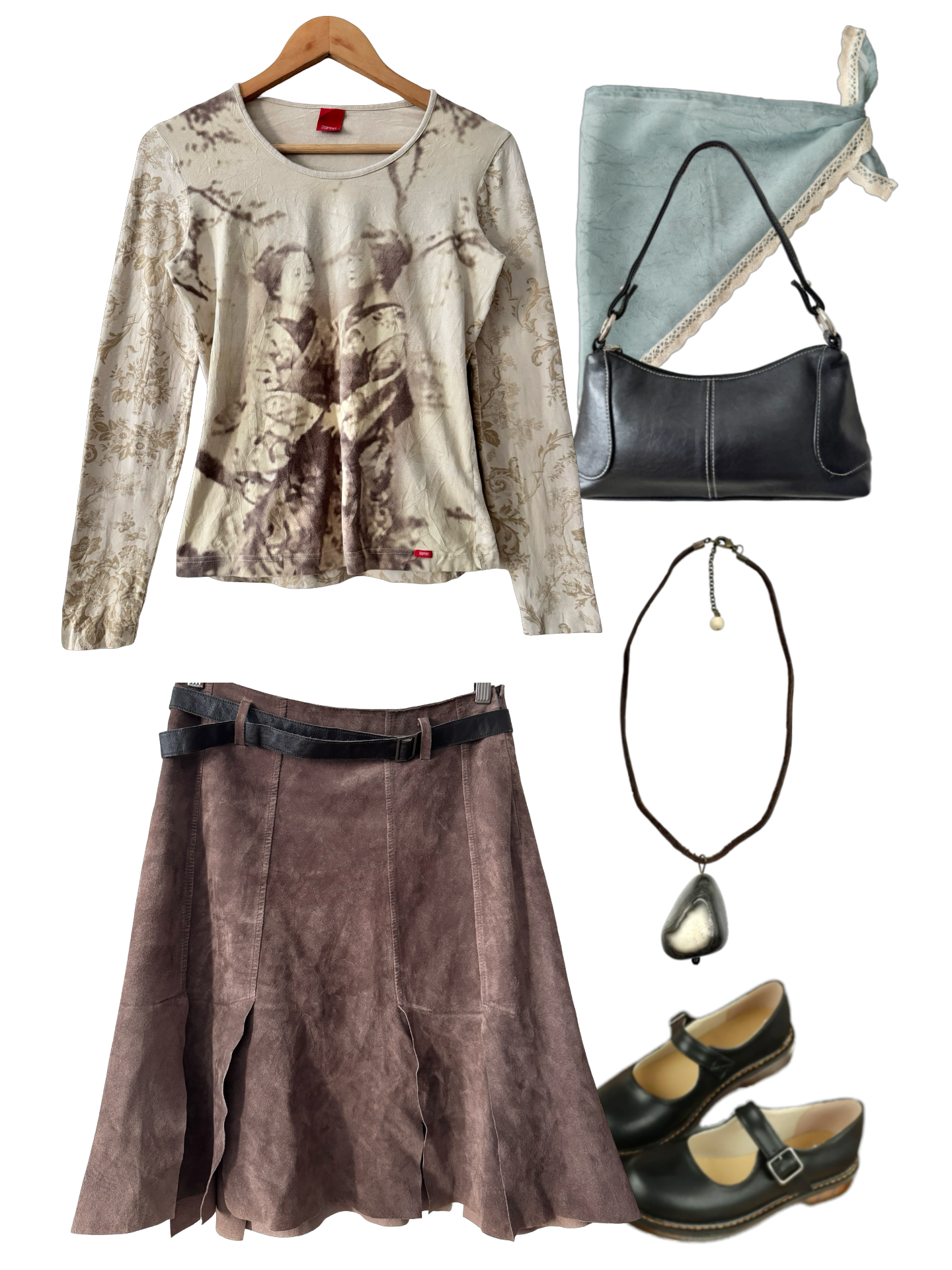 Vintage Y2K French Cocoa Suede Effect Belted Midi Skirt (S)