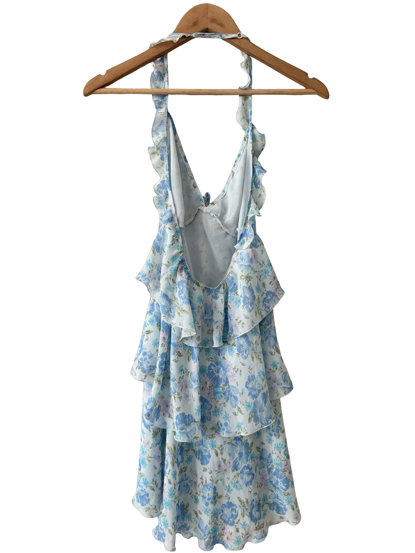 Y2K Blue Floral Halter Flounce Mini Dress (M)