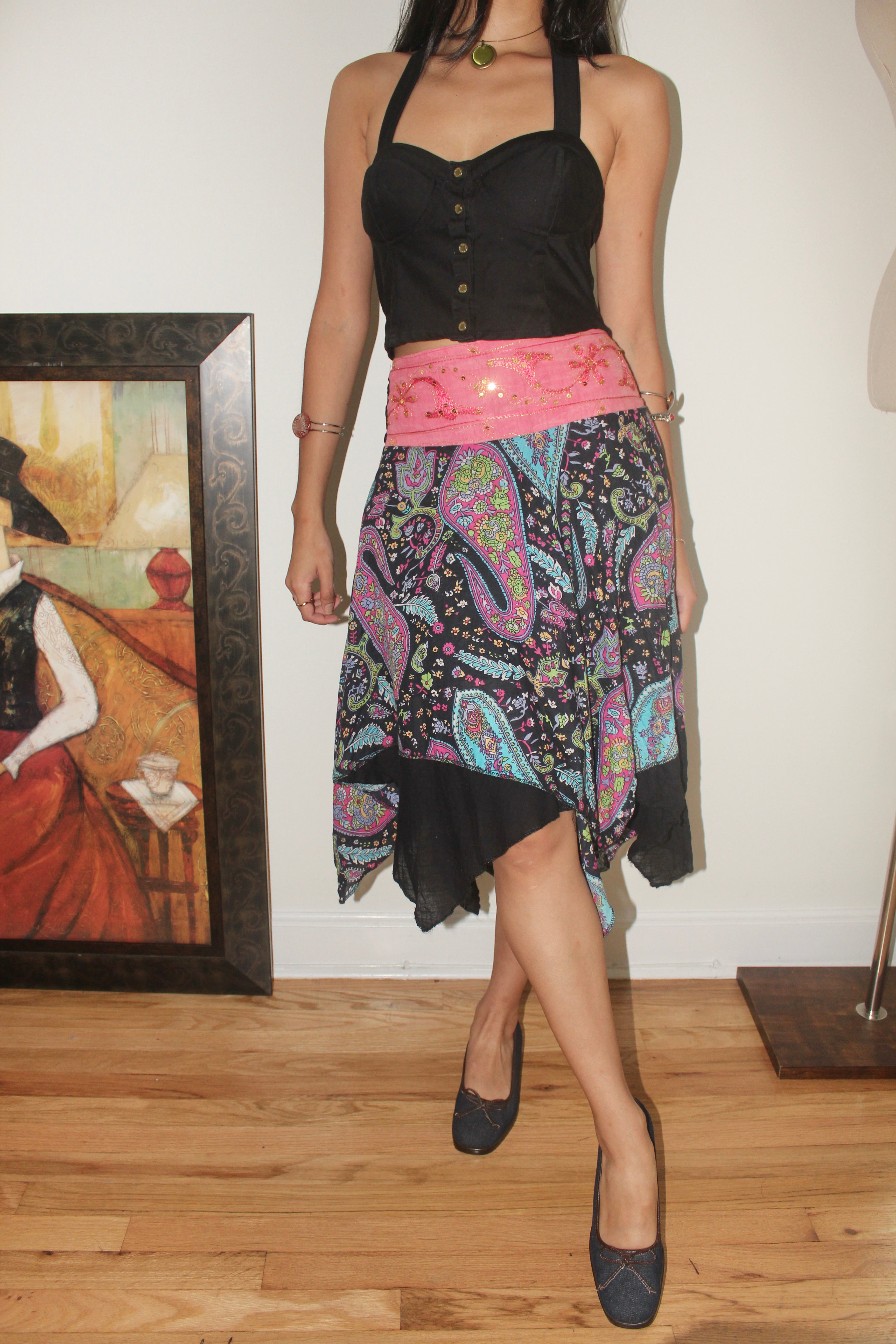 Vintage 90s Boho Beaded Handkerchief Midi Skirt (S)